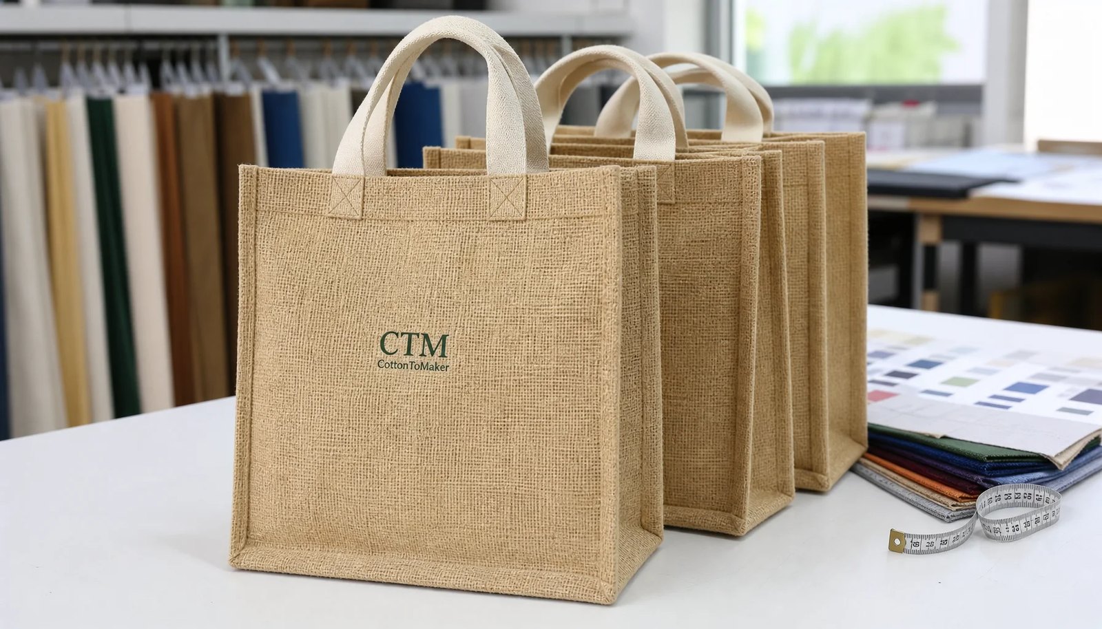 Natural jute tote bag sample with CTM logo printed on front panel in a factory sample room