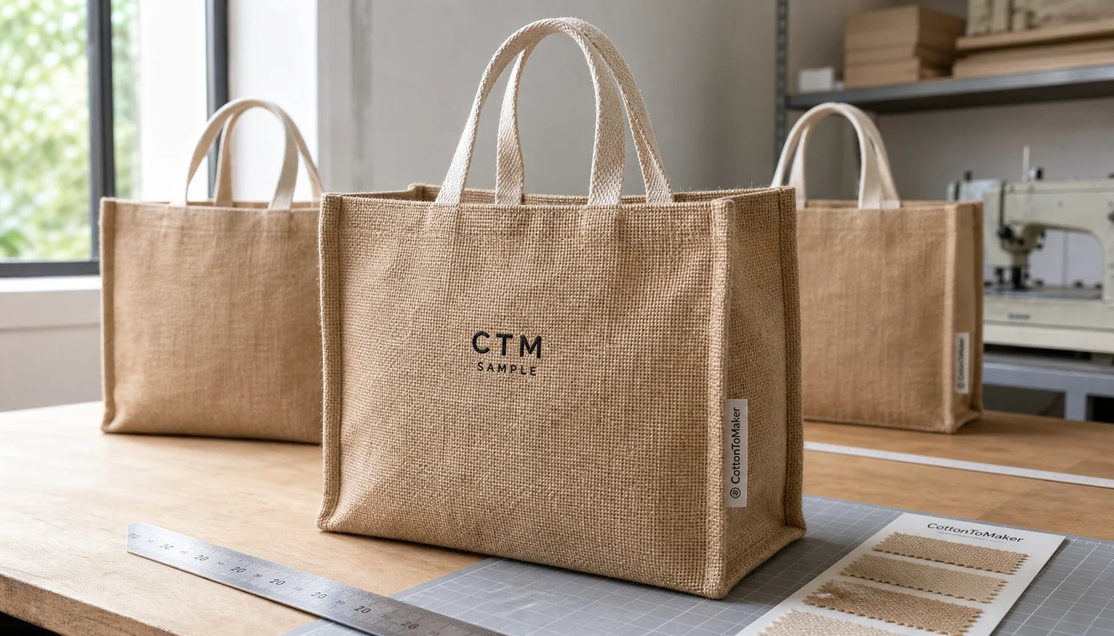 Natural jute tote bag sample with CTM logo and CottonToMaker side label in a factory sample room