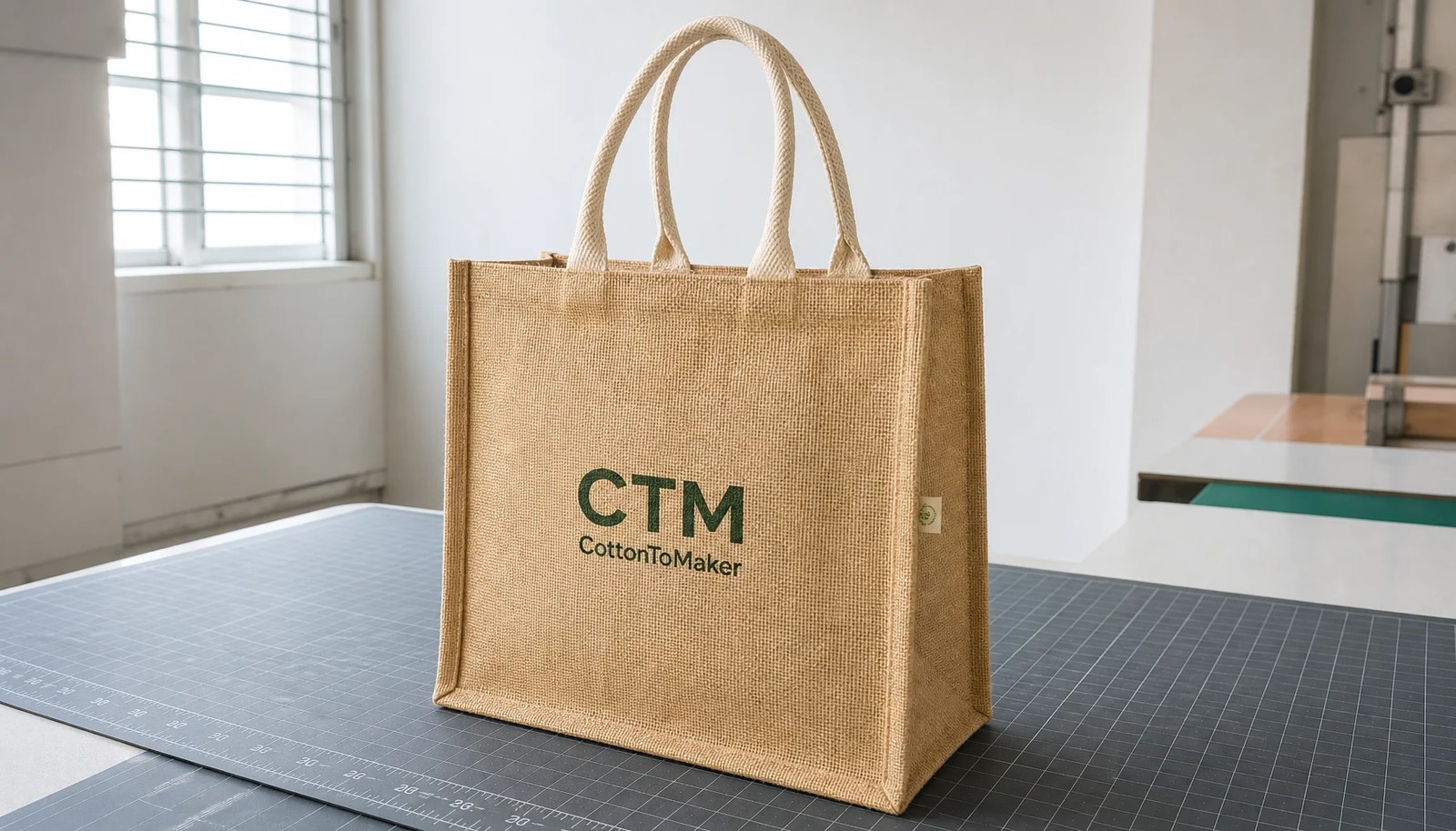 Natural jute tote bag with a CTM sample logo printed on the front panel in a clean factory sample room