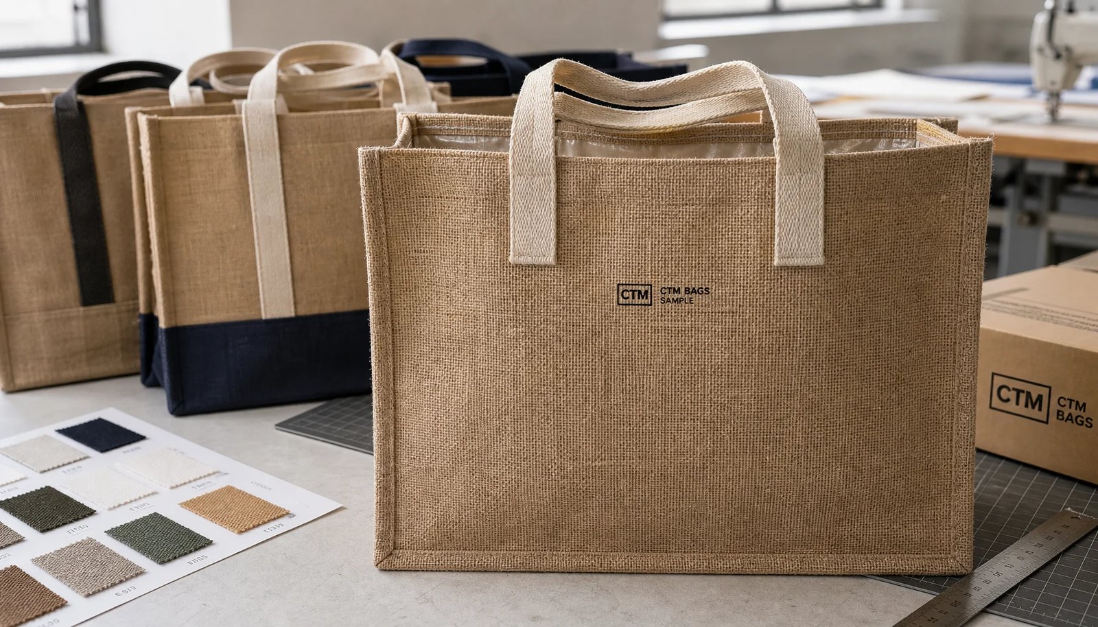 Natural jute tote bags with CTM sample logo on a factory sample room table