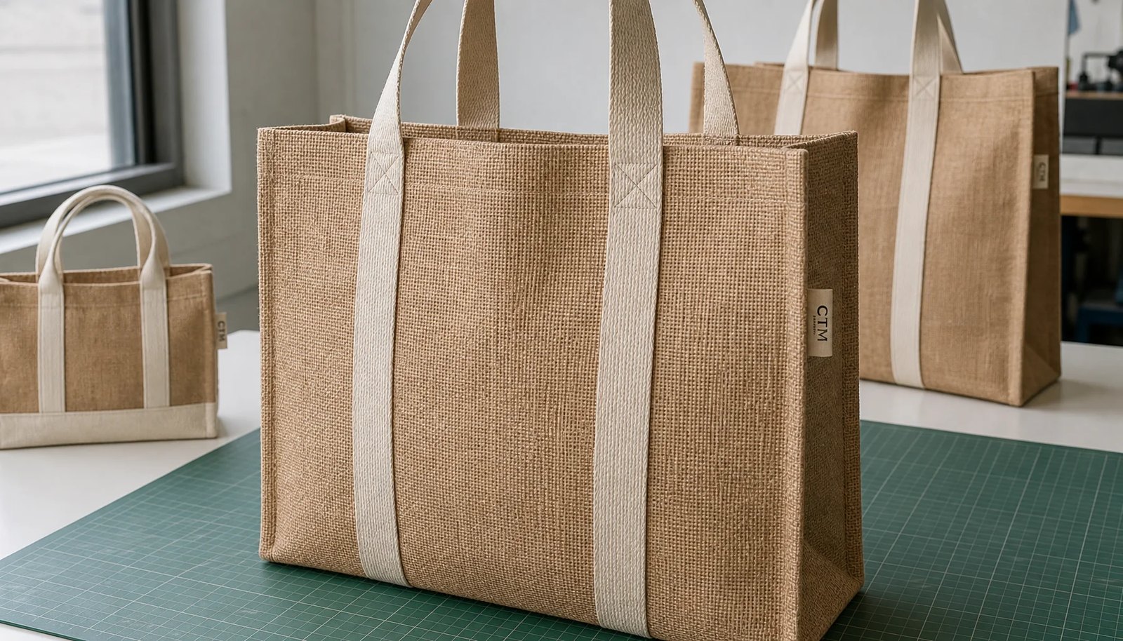 Photorealistic jute tote bag sample with a CTM / CottonToMaker logo in a clean factory sample room