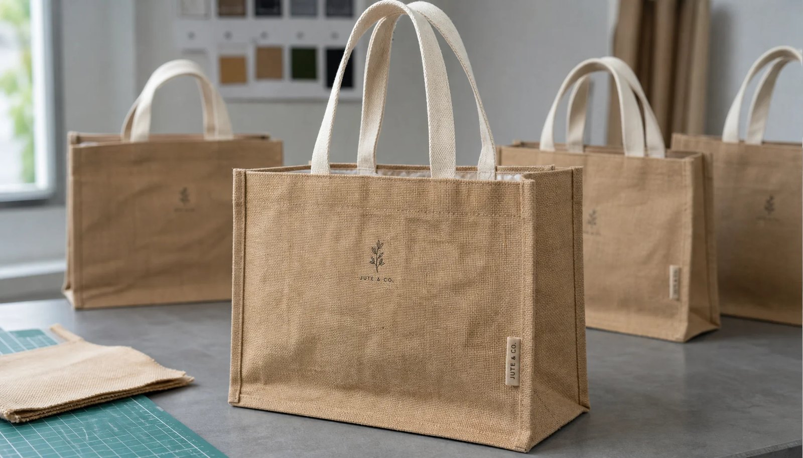 Natural jute tote bags with CTM sample logo in a factory sample room