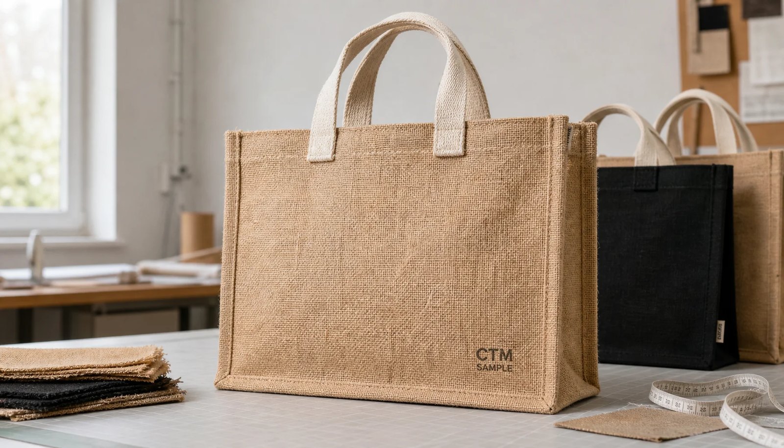 Natural jute tote bag with CTM sample logo in factory sample room