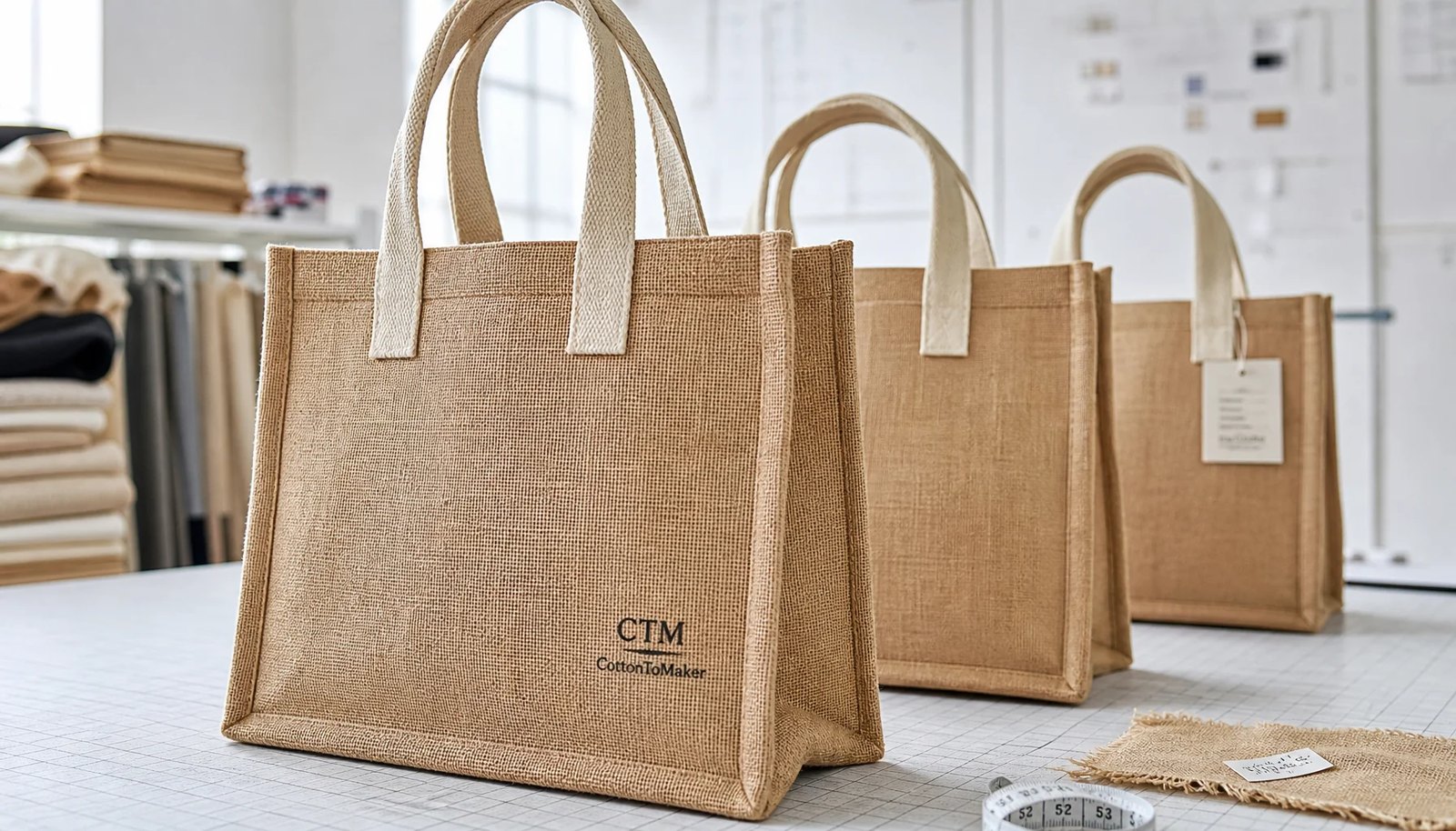 Natural jute tote bag sample with CTM logo for university bookstore material review