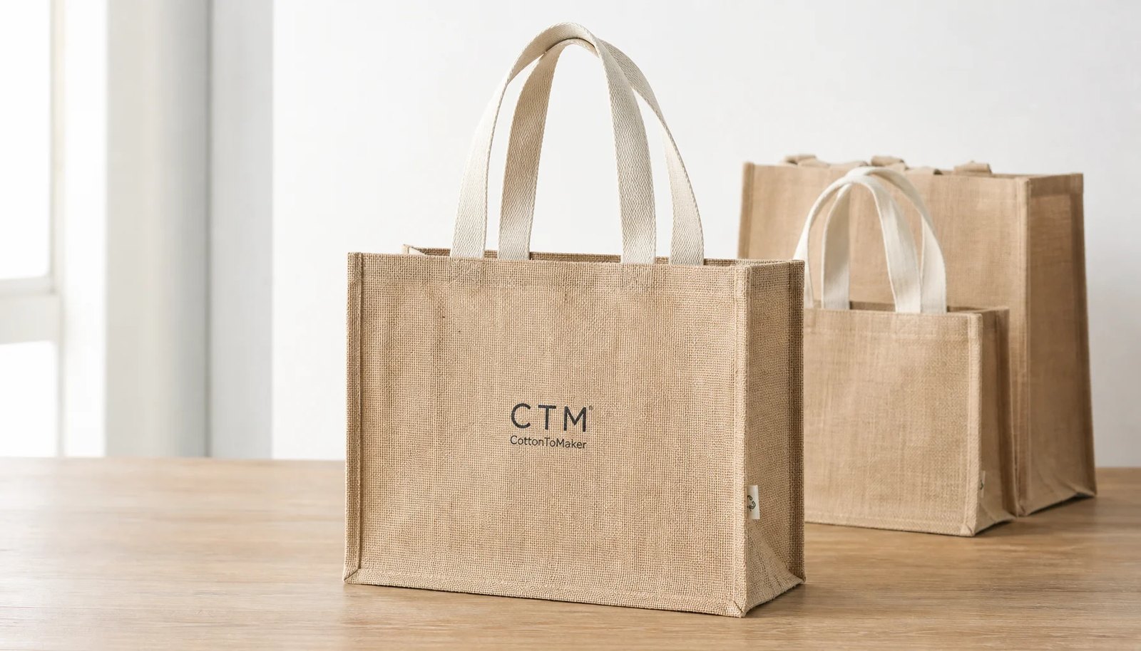 Natural jute tote bag sample with printed logo for university bookstore wholesale sourcing review