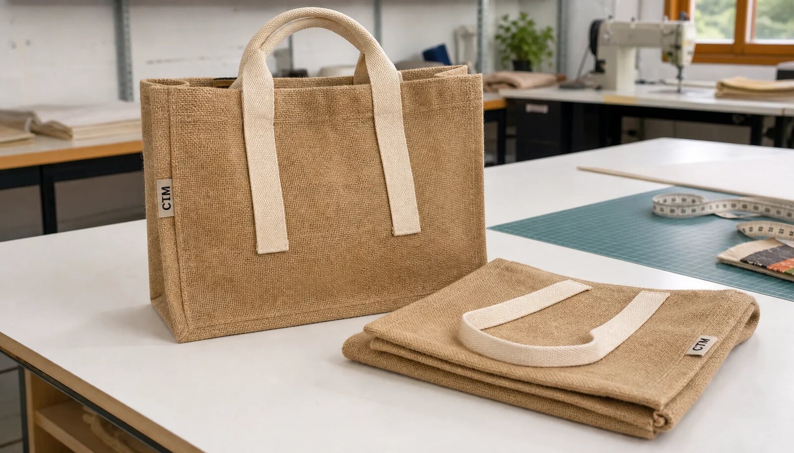 Natural jute tote bags with cotton handles and a CTM sample side label in a clean factory sample room.