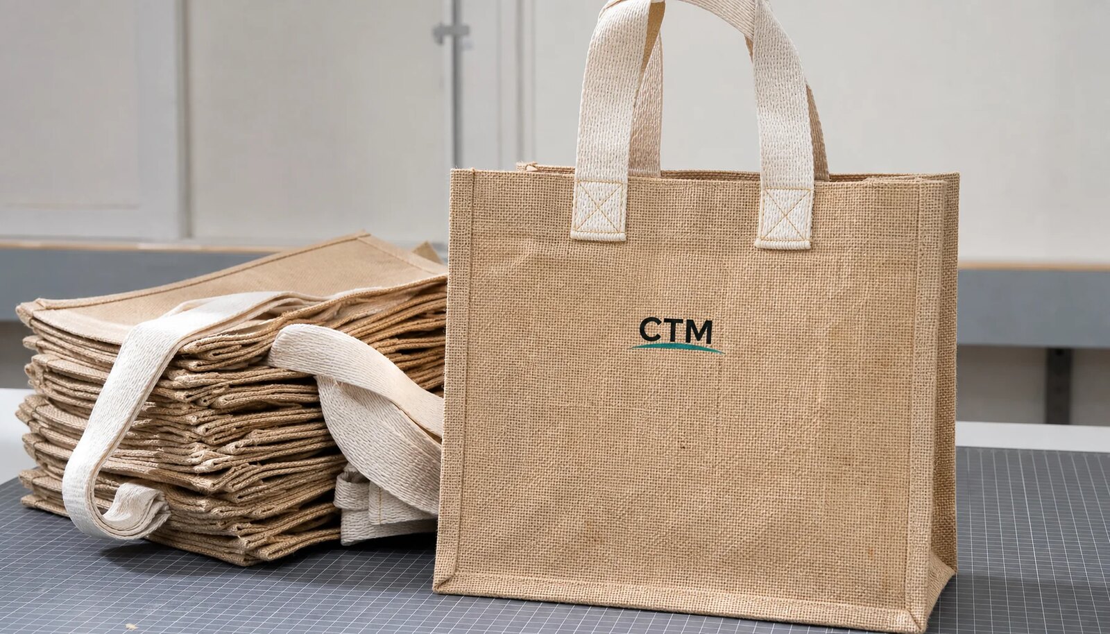 Natural jute tote bags with reinforced handles and a simple logo print in a factory sample room
