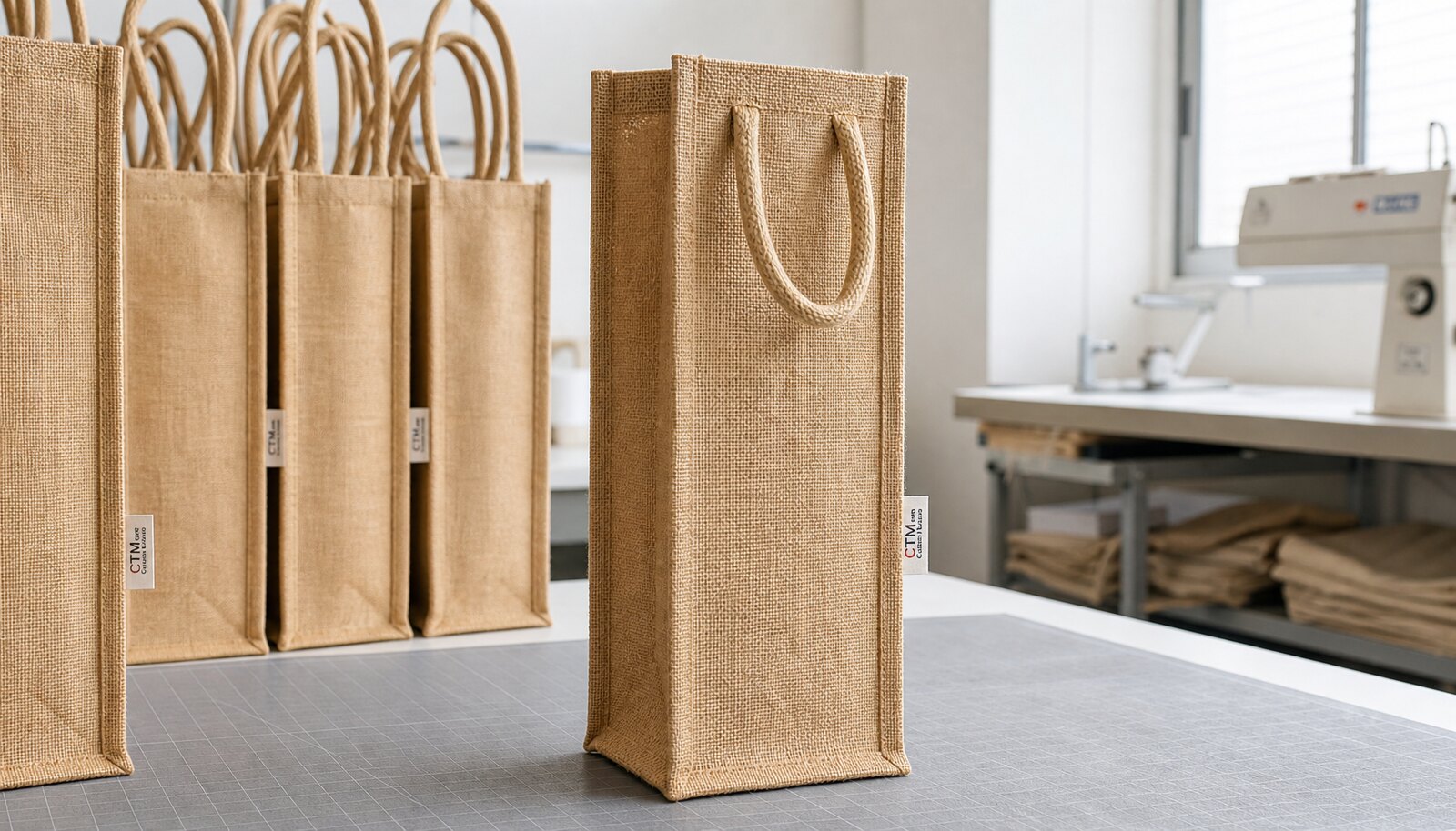 Stack of finished jute wine bags in a factory sample room with a stitched CTM side label