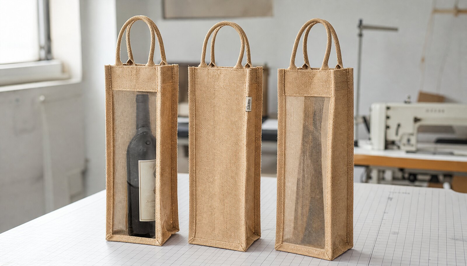 Photorealistic jute wine bags with a small CTM sample logo label in a clean sample room.