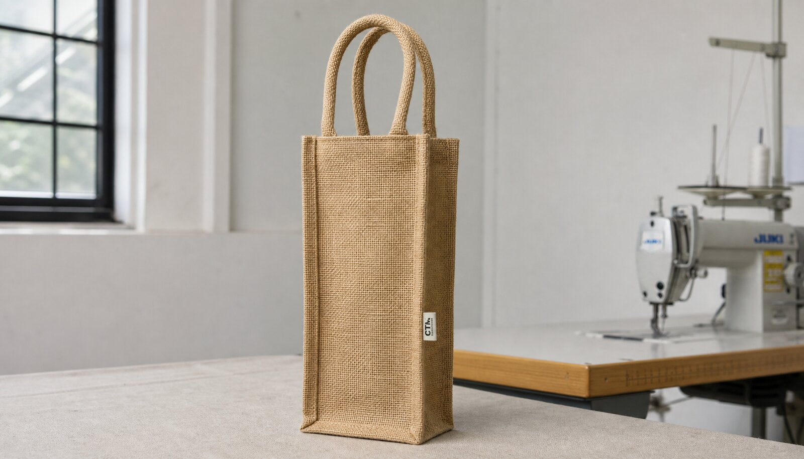 Natural jute wine bag with a stitched CTM CottonToMaker side label in a factory sample room