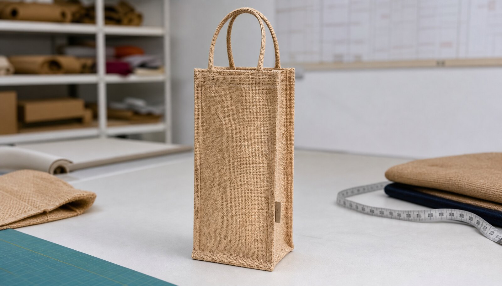 Natural jute wine bag with CTM woven side label in a clean factory sample room.