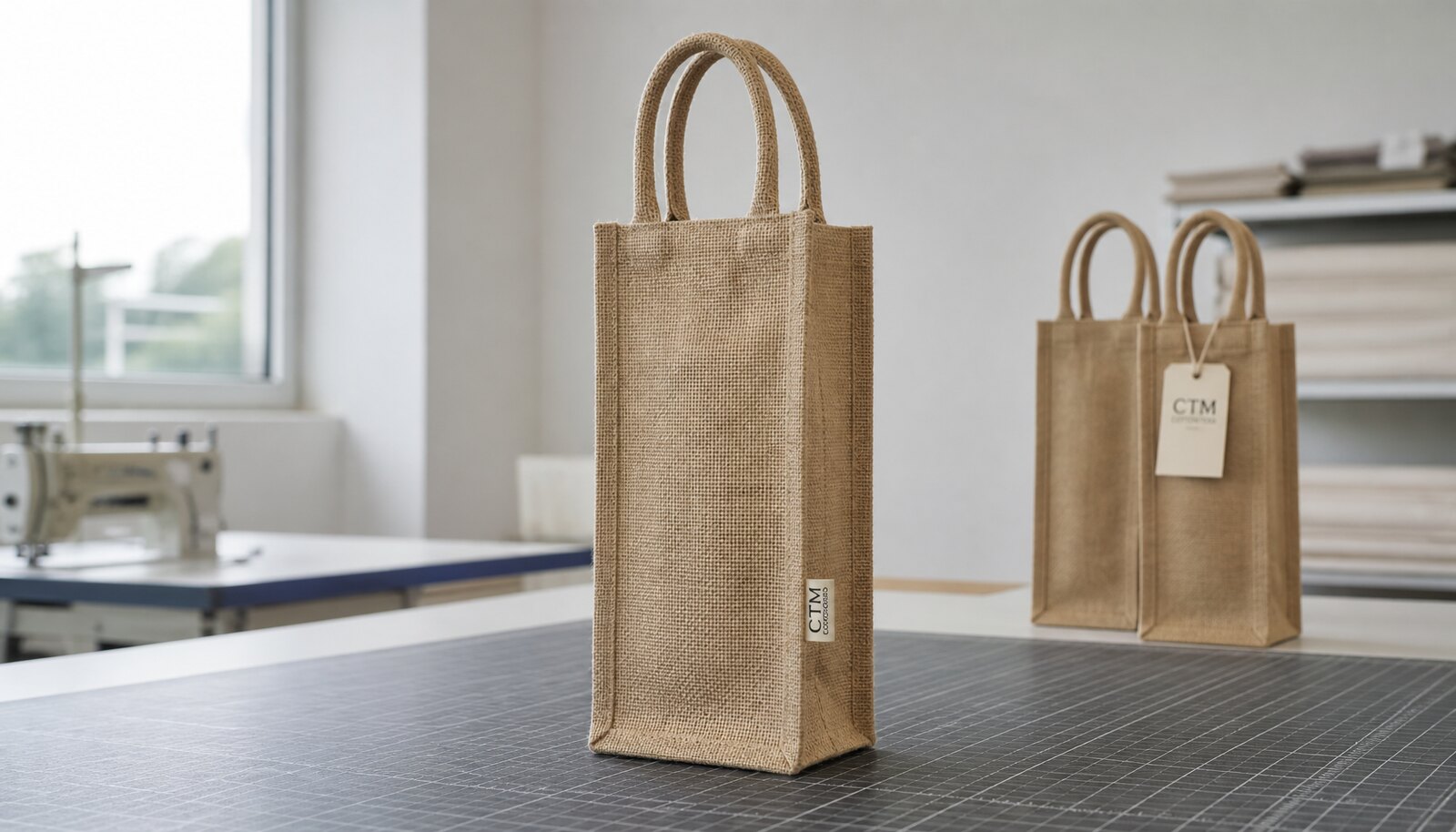 Natural jute wine bag for hotels with a simple CTM logo shown in a clean studio setting