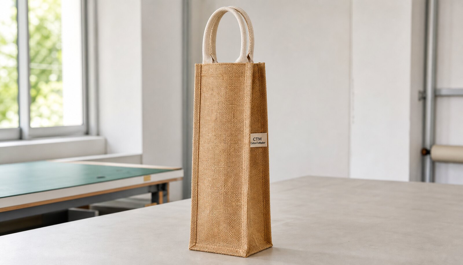 Photorealistic jute wine bottle bag with a small CTM side label shown in a factory sample room