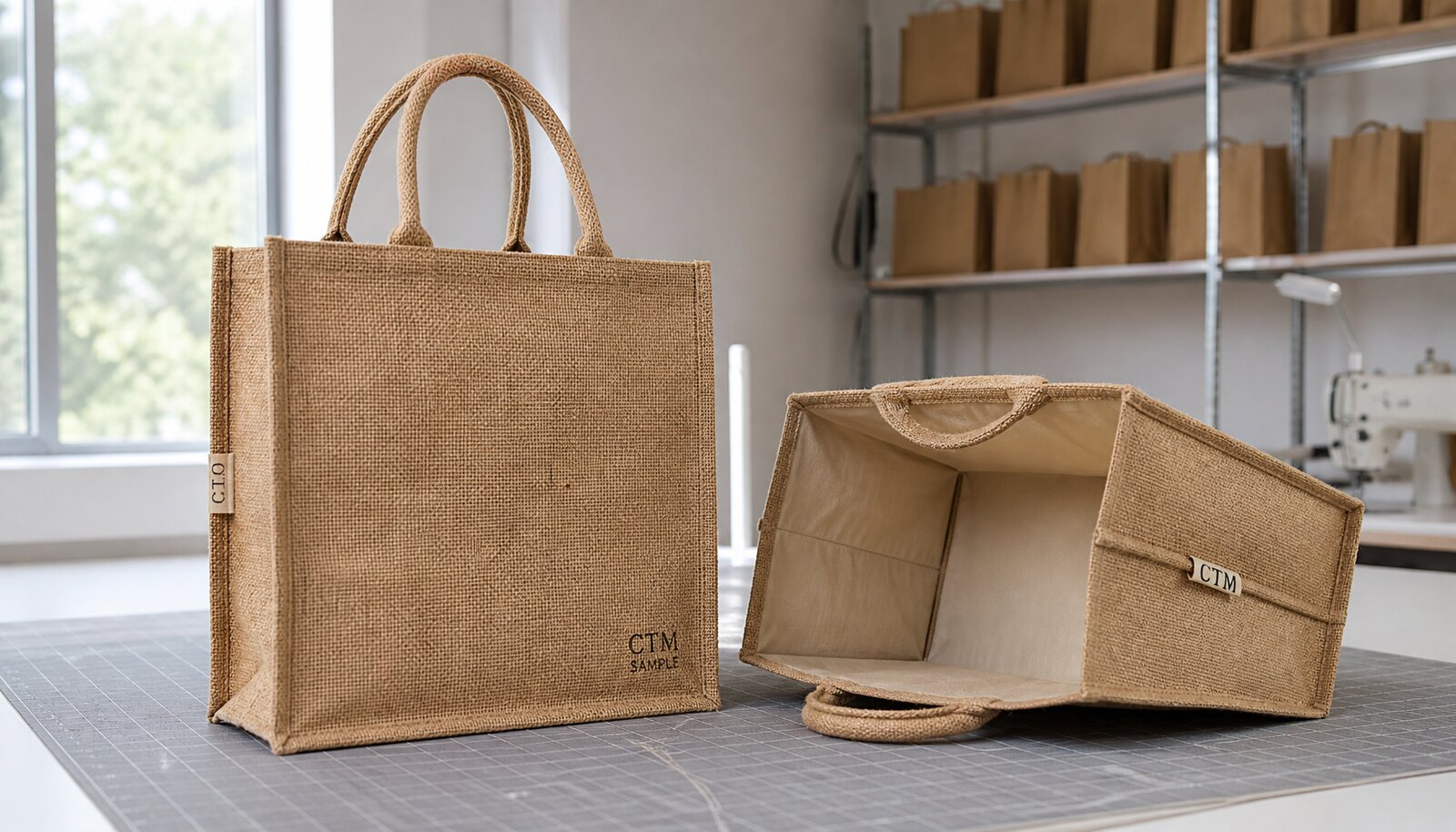 Photorealistic laminated jute bags with a CTM side label in a clean factory sample room.