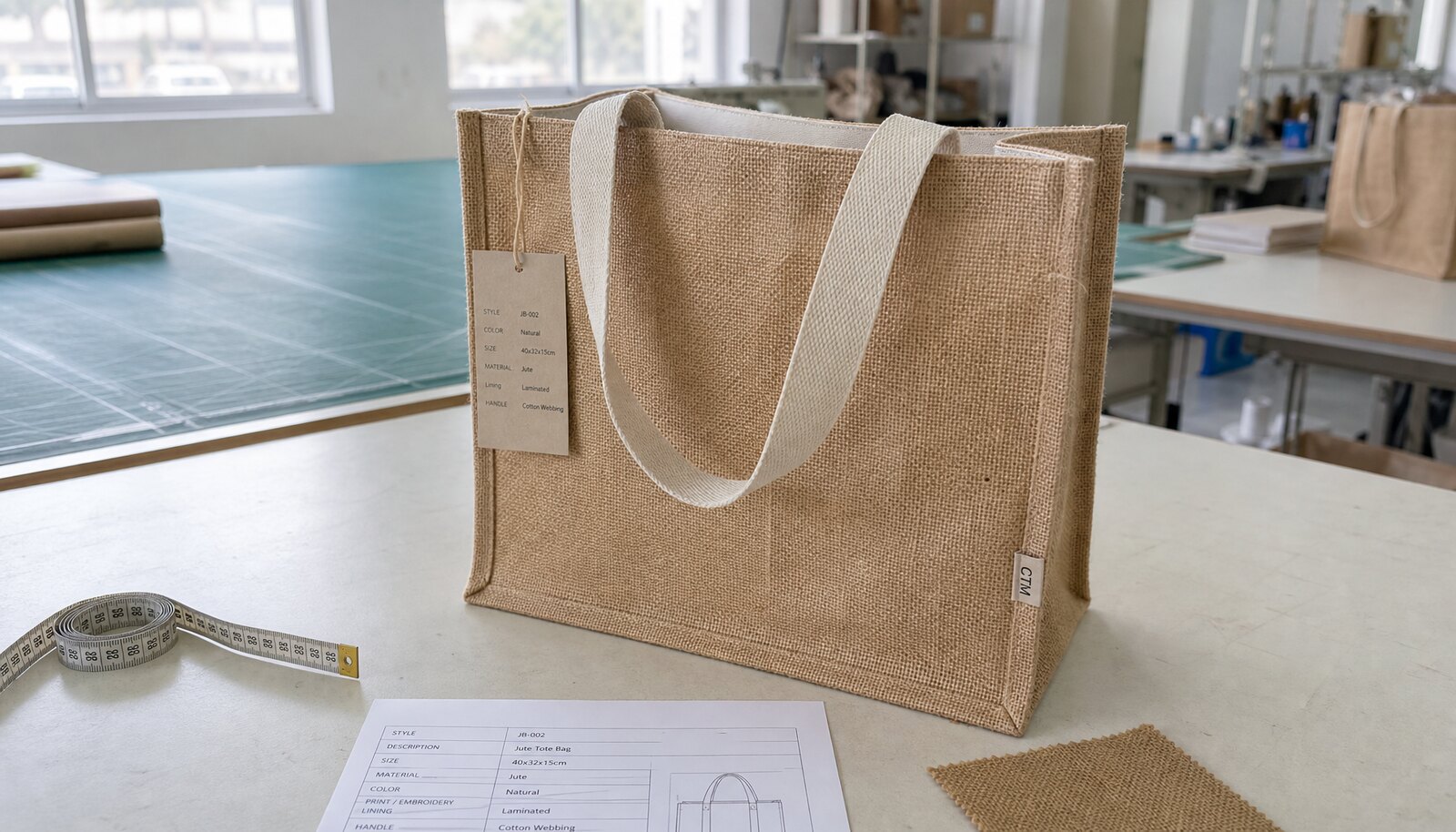 Laminated jute tote bag in a factory sample room with visible texture and stitching