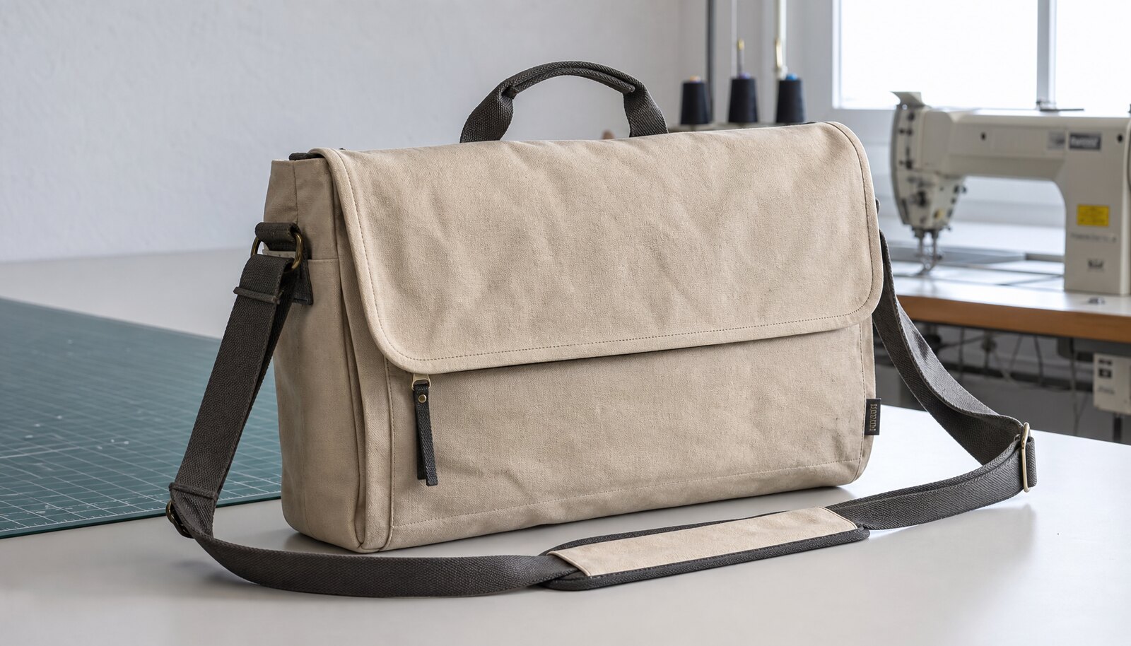 Photorealistic canvas laptop messenger bag with a CTM woven side label in a factory sample room