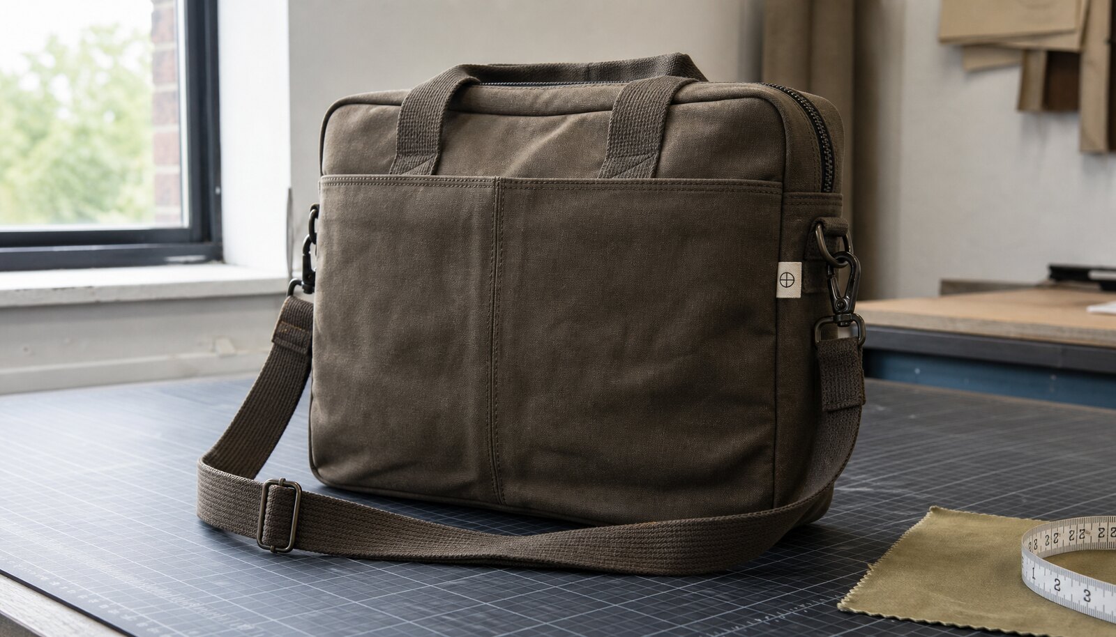 Canvas laptop messenger bag with a CTM sample label in a factory sample room