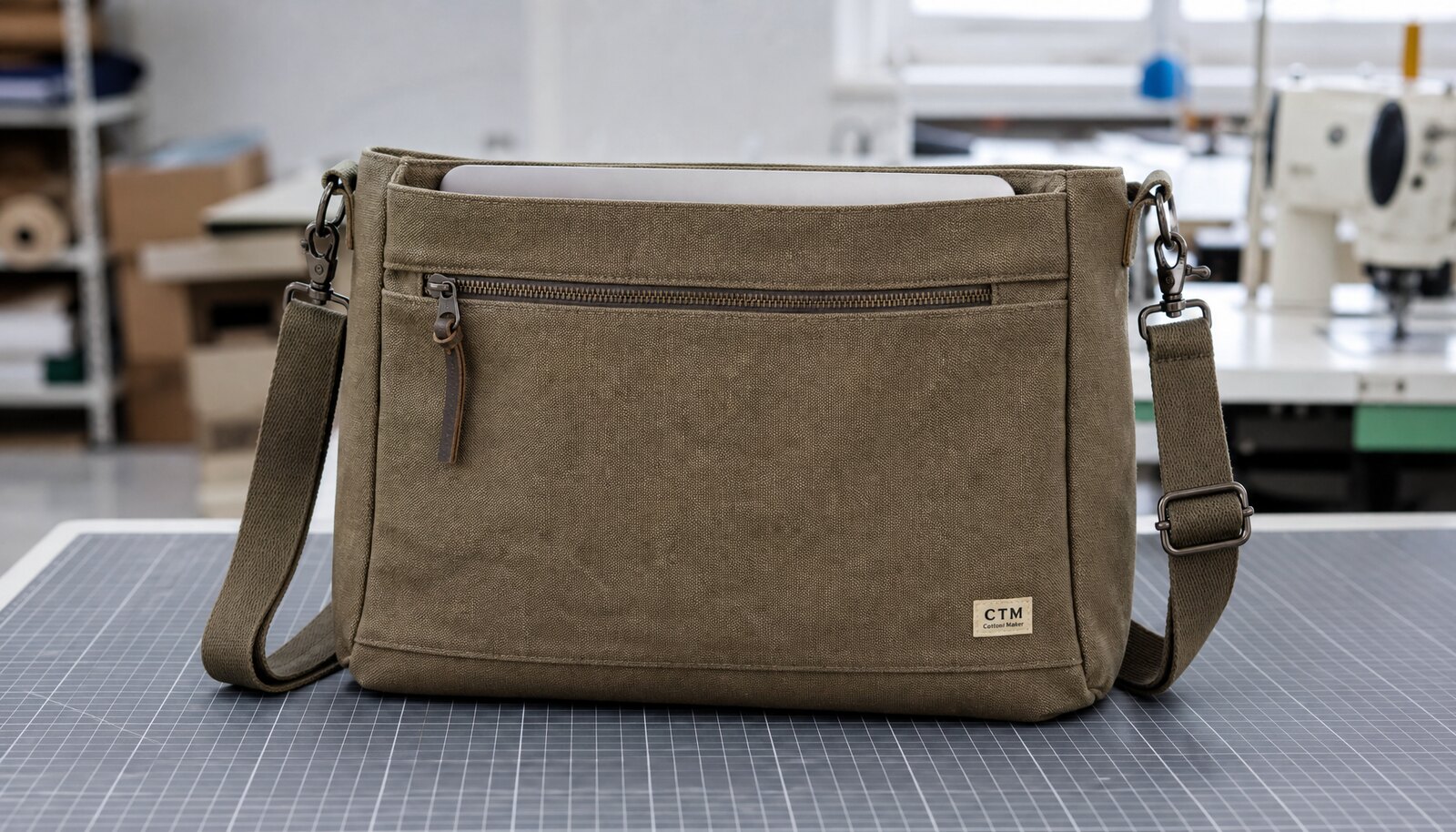Canvas laptop messenger bag with a CTM sample logo shown in a factory sample room
