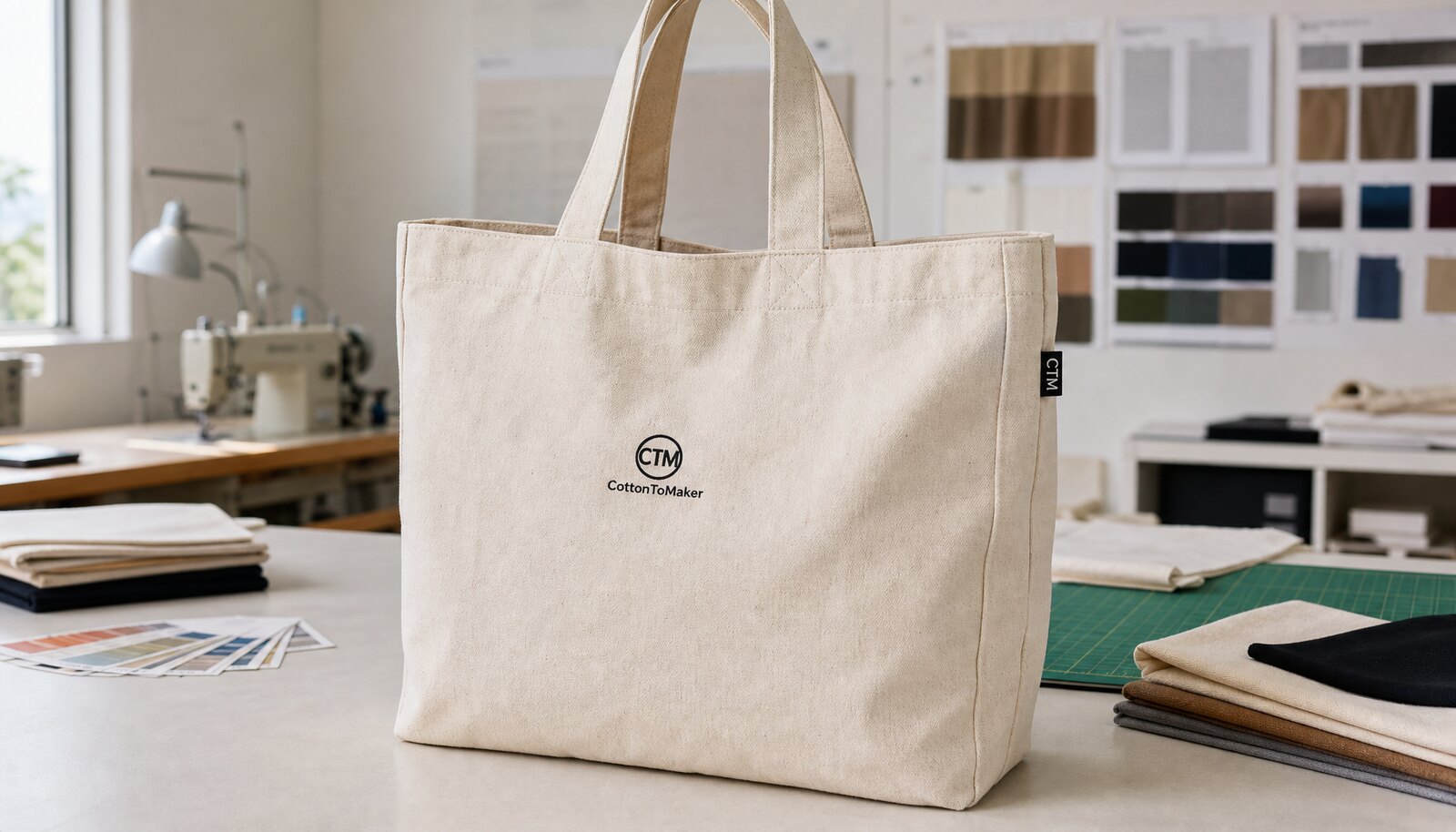 Large natural canvas grocery tote with a simple CottonToMaker sample logo and woven side label in a factory sample room.