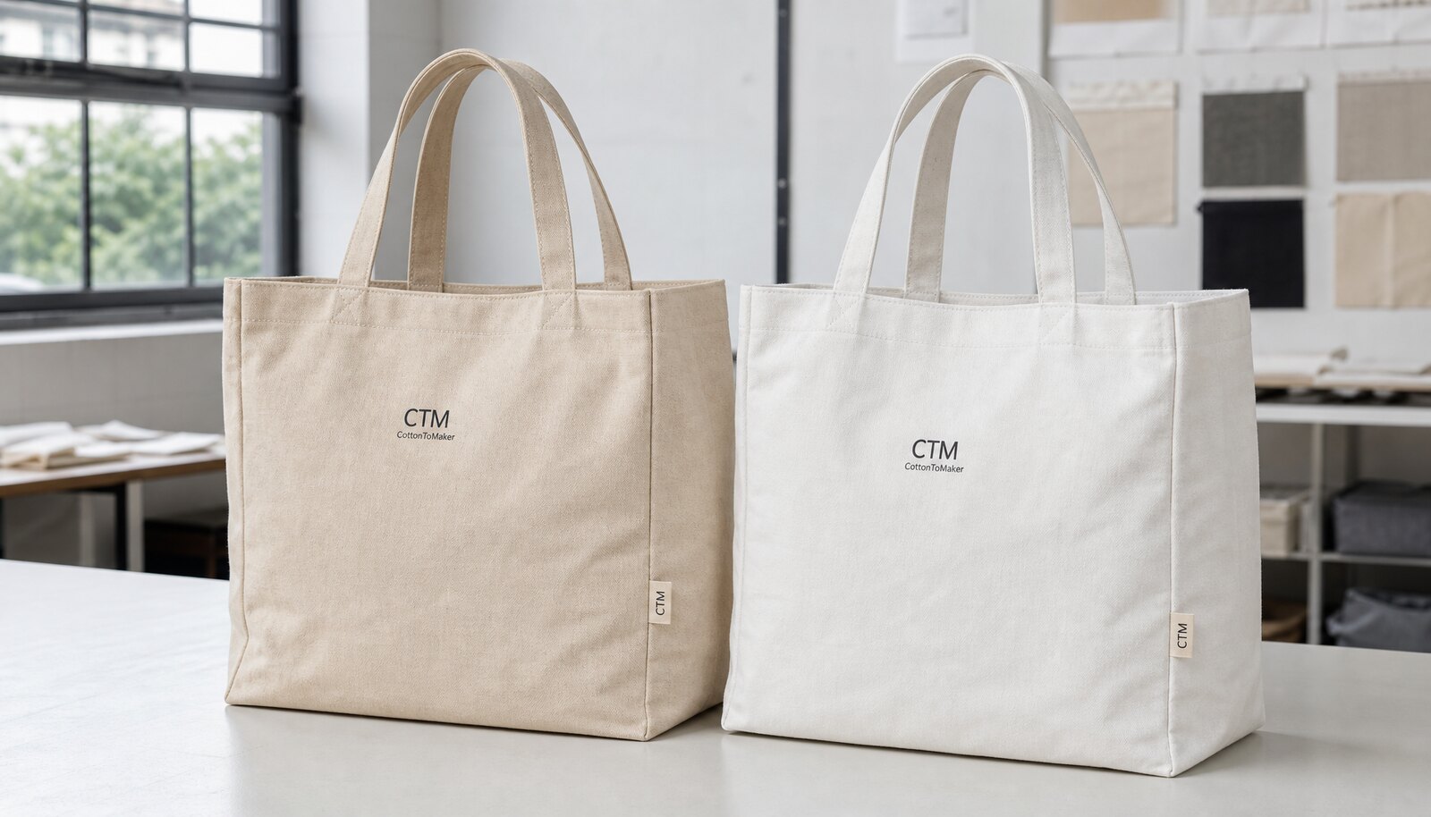 Large canvas grocery bags with a small CTM CottonToMaker sample logo printed on the front in a factory sample room