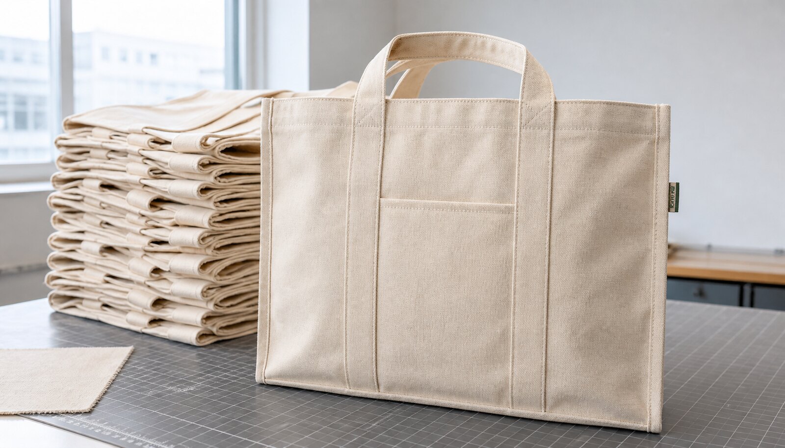 Large natural canvas grocery bags with a CottonToMaker side label in a factory sample room