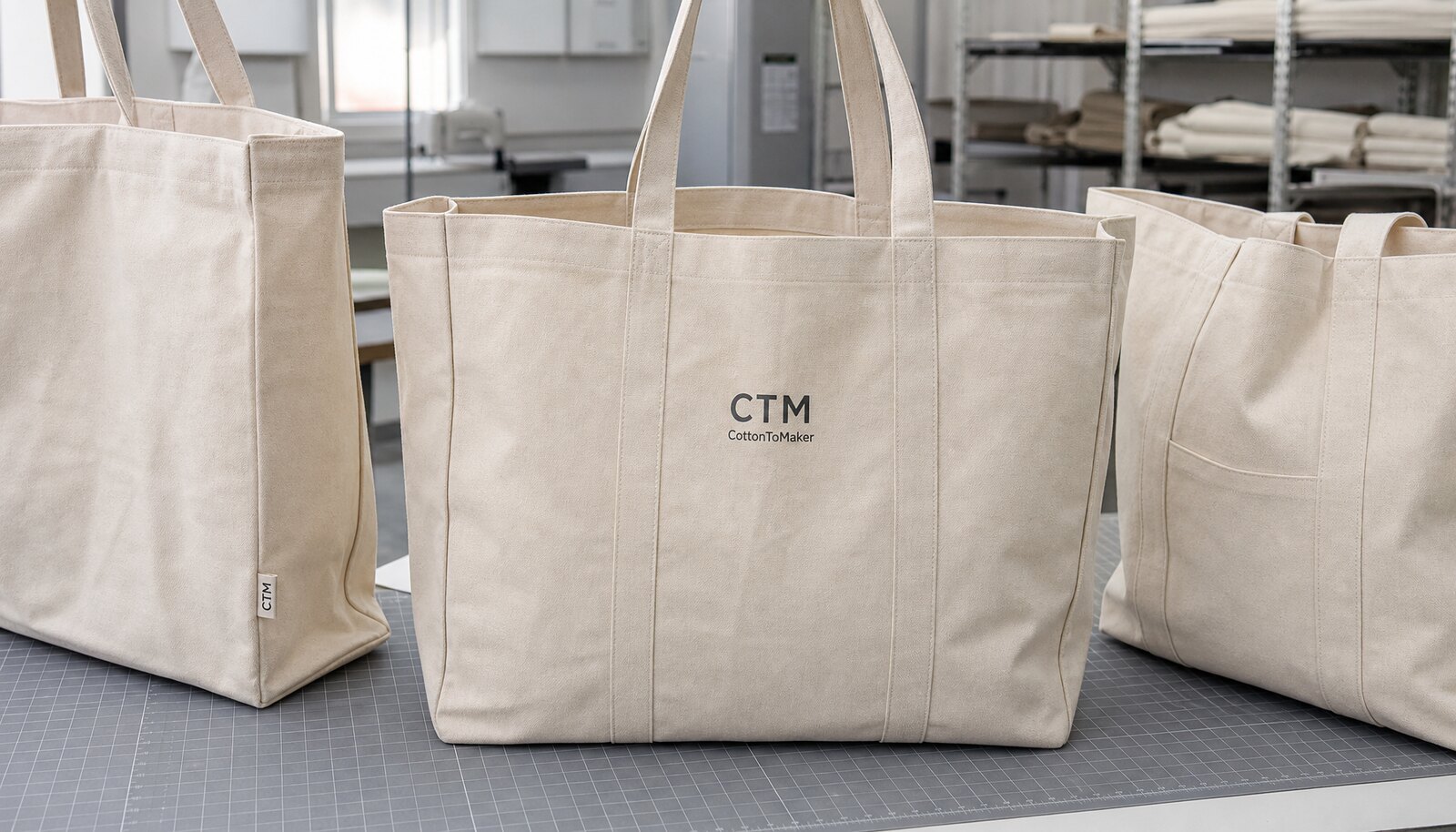 Large canvas grocery bags for boutiques with a simple CTM CottonToMaker sample logo printed on the bag in a factory sample room