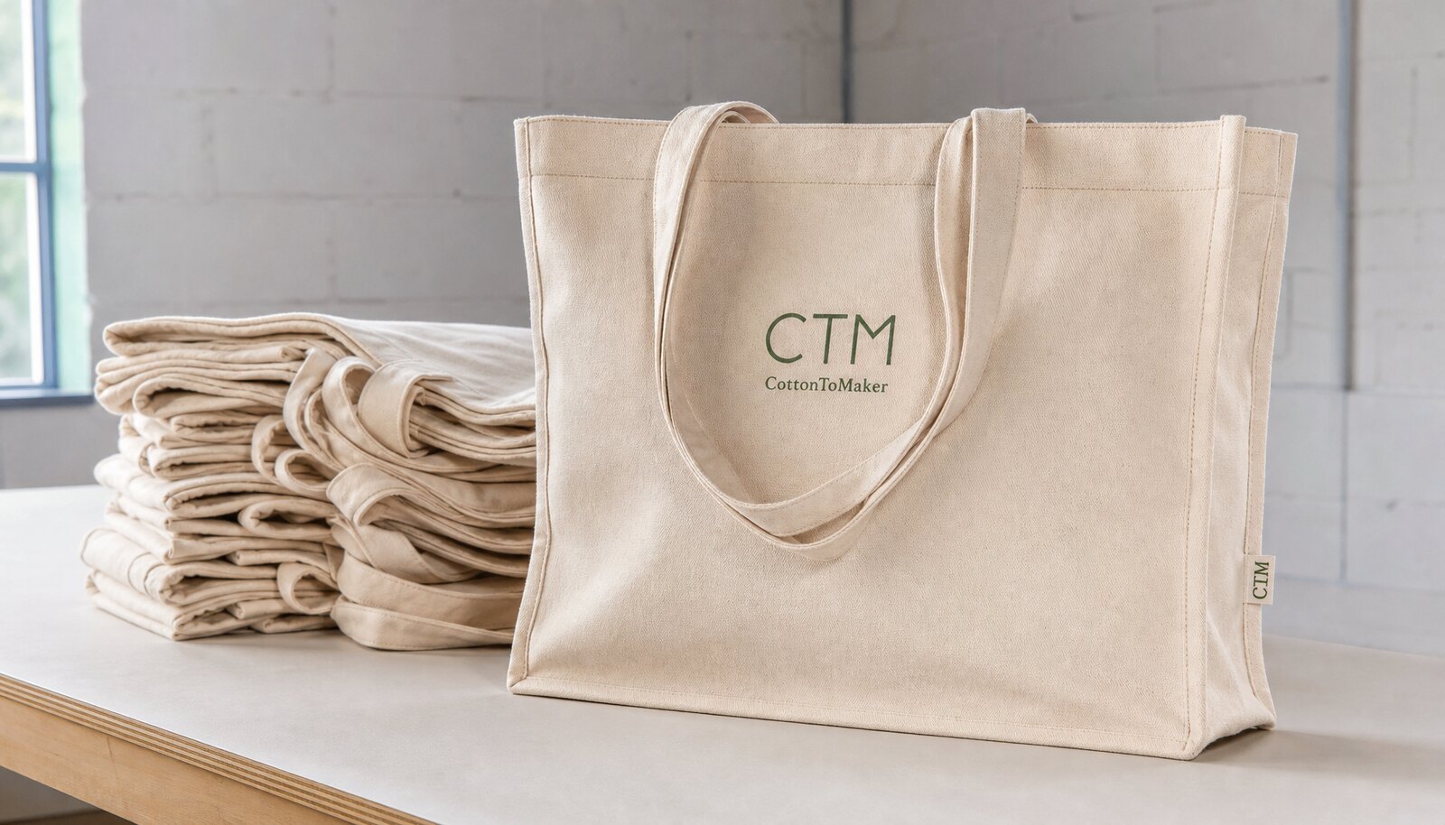 Large natural canvas grocery bags for boutiques with a simple CTM/CottonToMaker logo printed on the front in a factory sample room