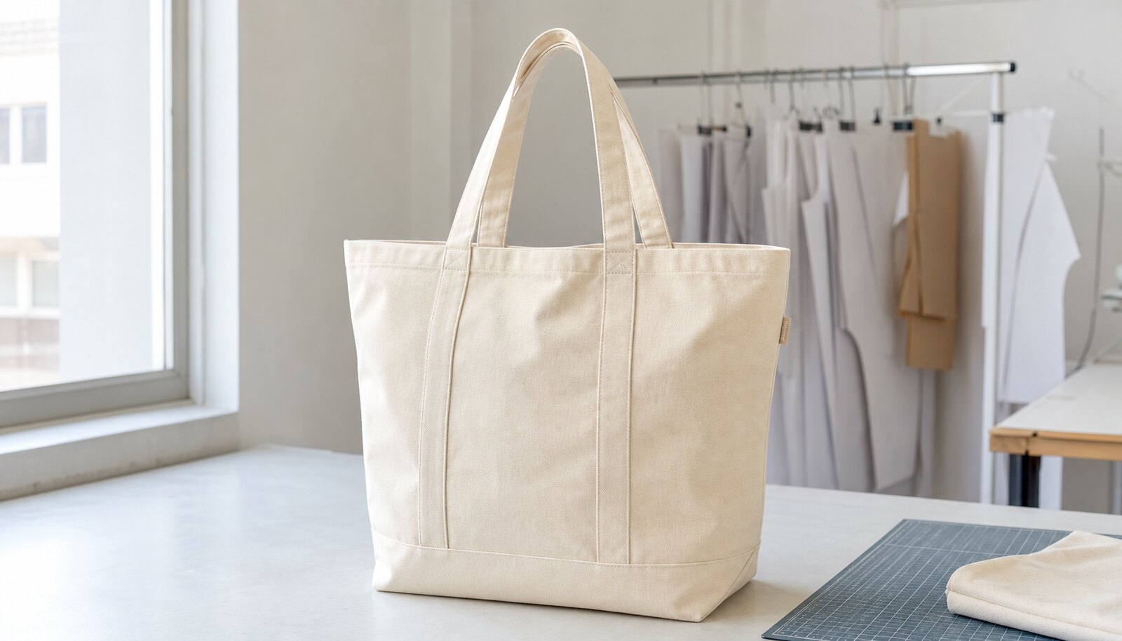 Large natural canvas grocery bag with a simple CTM CottonToMaker side label stitched on in a clean factory sample room