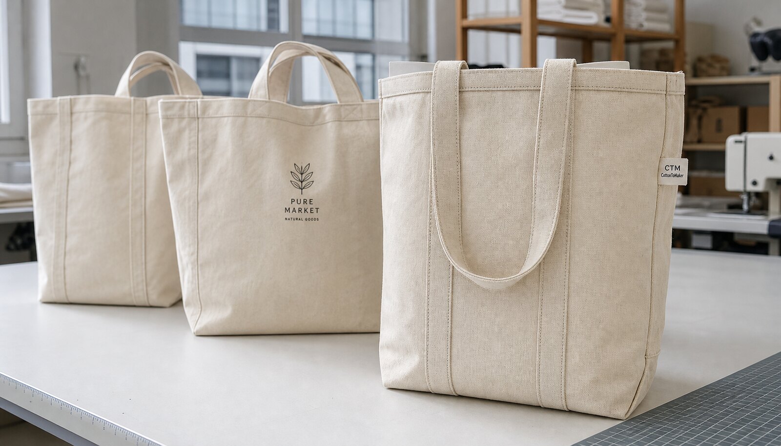 Large canvas grocery bags with a small CTM/CottonToMaker side label in a factory sample room