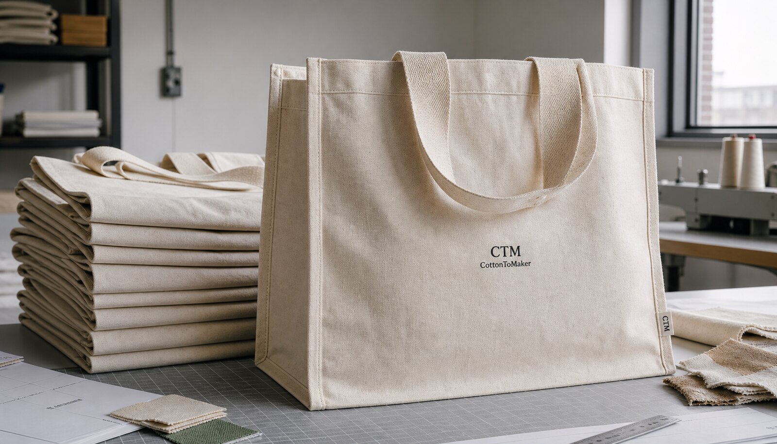 Large natural canvas grocery bags with a simple CTM logo printed on the front in a clean factory sample room