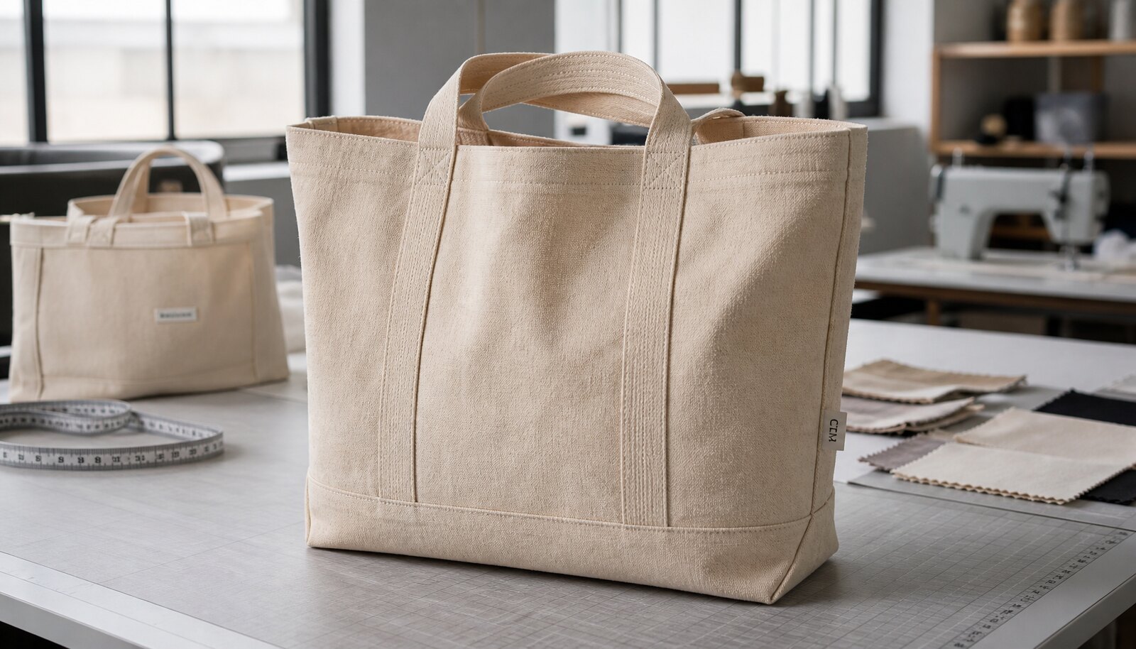 Large natural canvas grocery tote with a CTM/CottonToMaker sample logo in a factory sample room