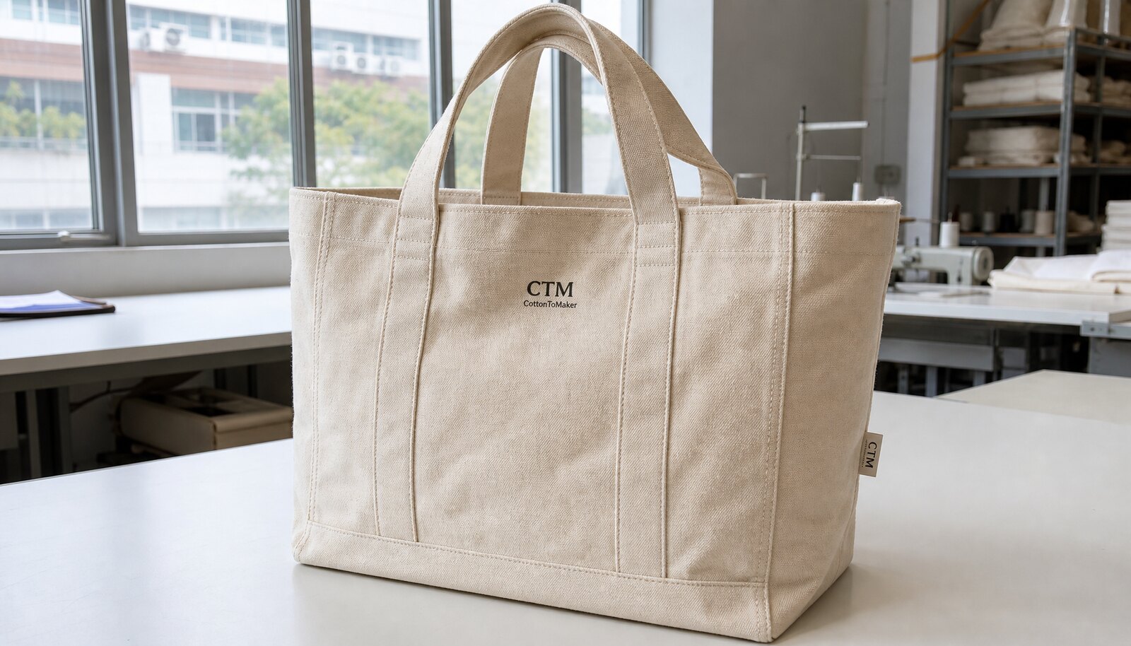 Large canvas grocery bag for a cosmetic brand with a small CTM sample logo in a factory sample room