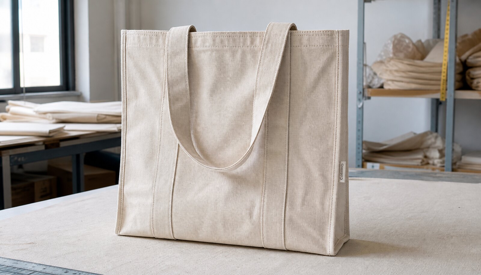Large natural canvas grocery tote bag with a small CTM CottonToMaker side label in a factory sample room