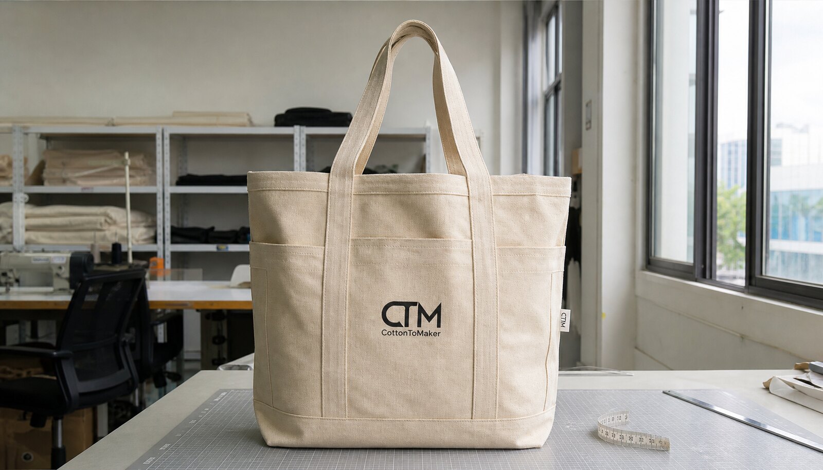 Large natural canvas grocery bag with a simple CTM sample logo printed directly on the front in a factory sample room