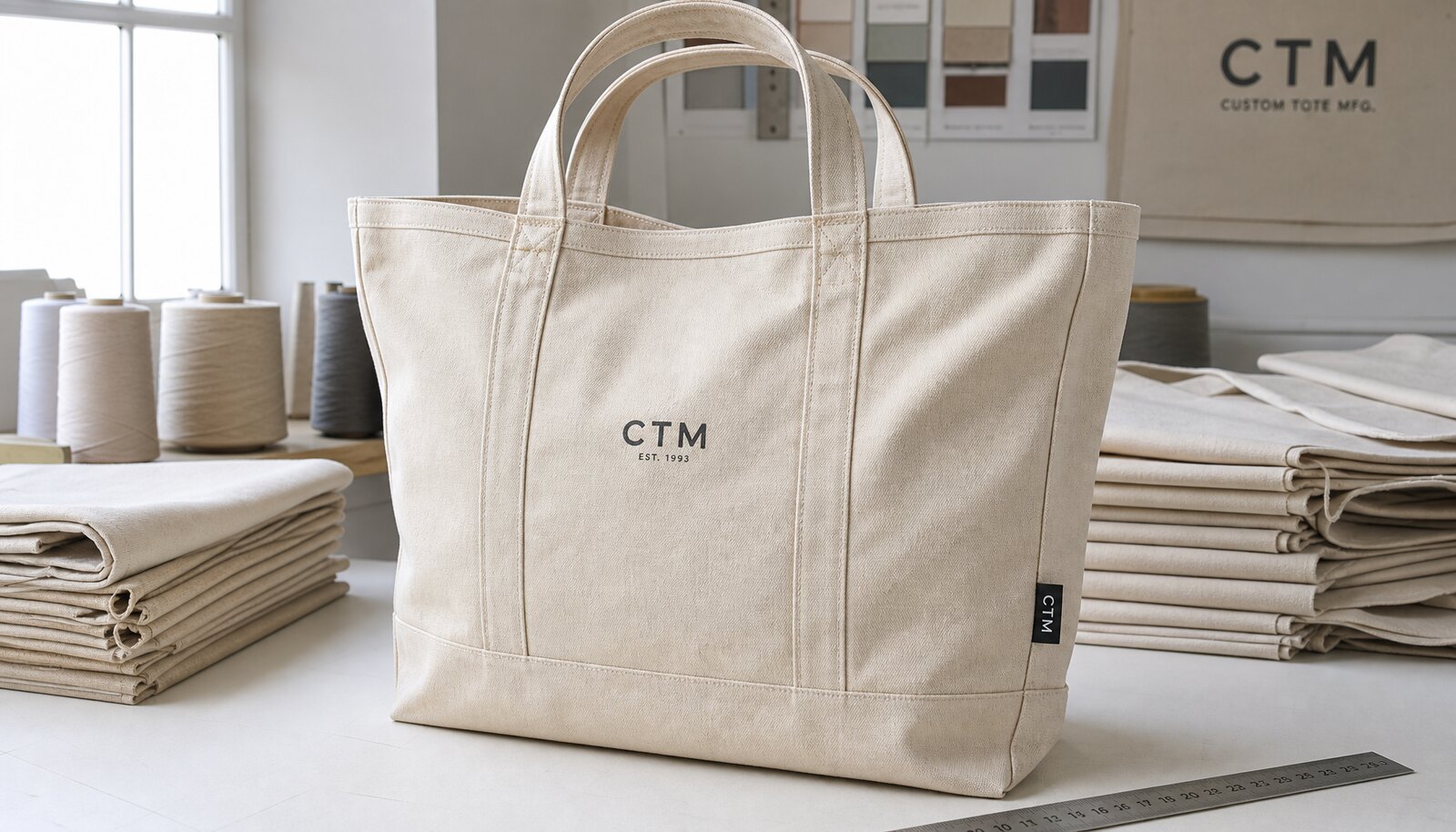 Large natural canvas grocery bag with a simple CTM sample logo sewn on a side label in a factory sample room.