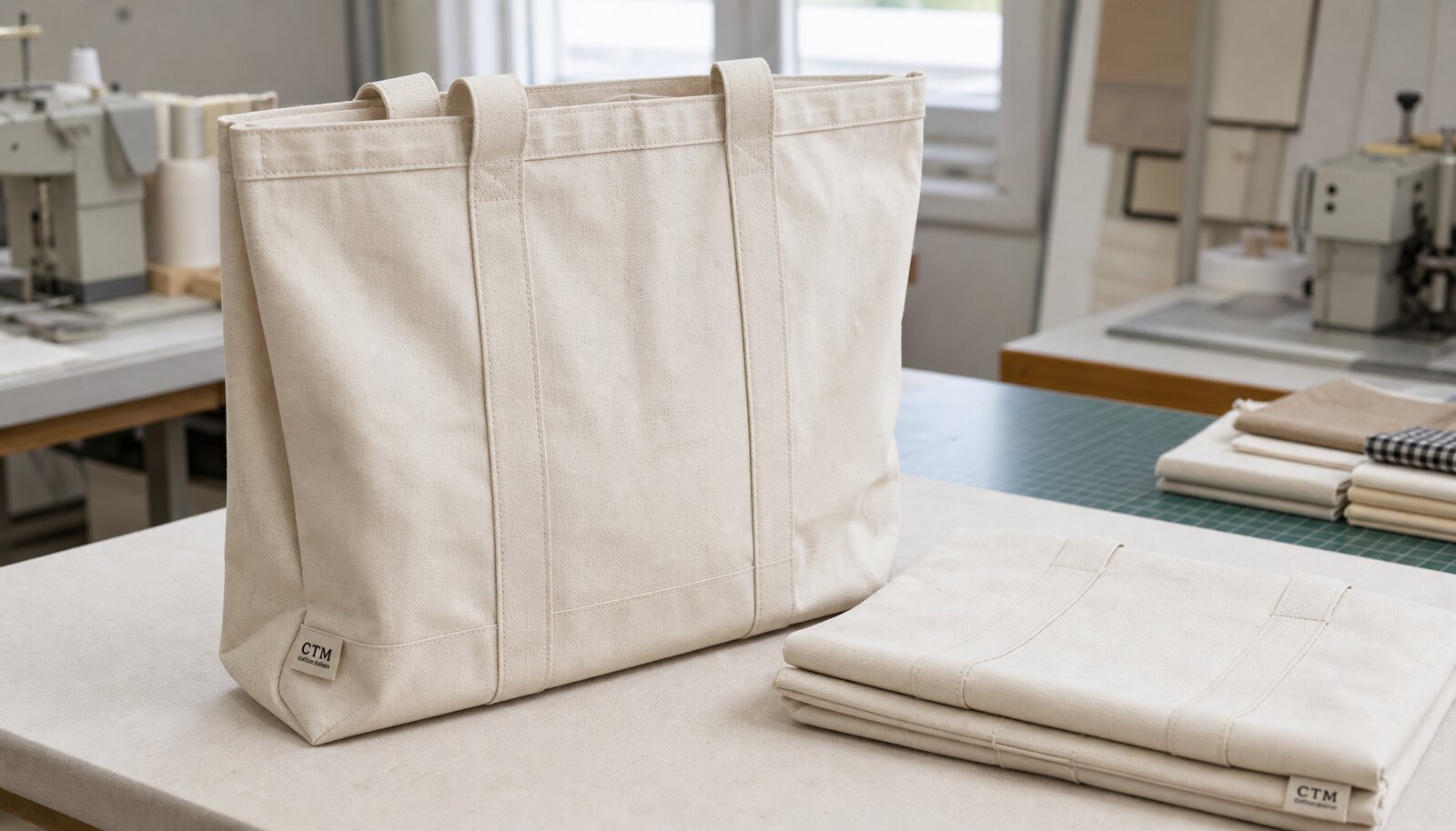 Two large natural canvas grocery bags with a CTM CottonToMaker side label in a factory sample room