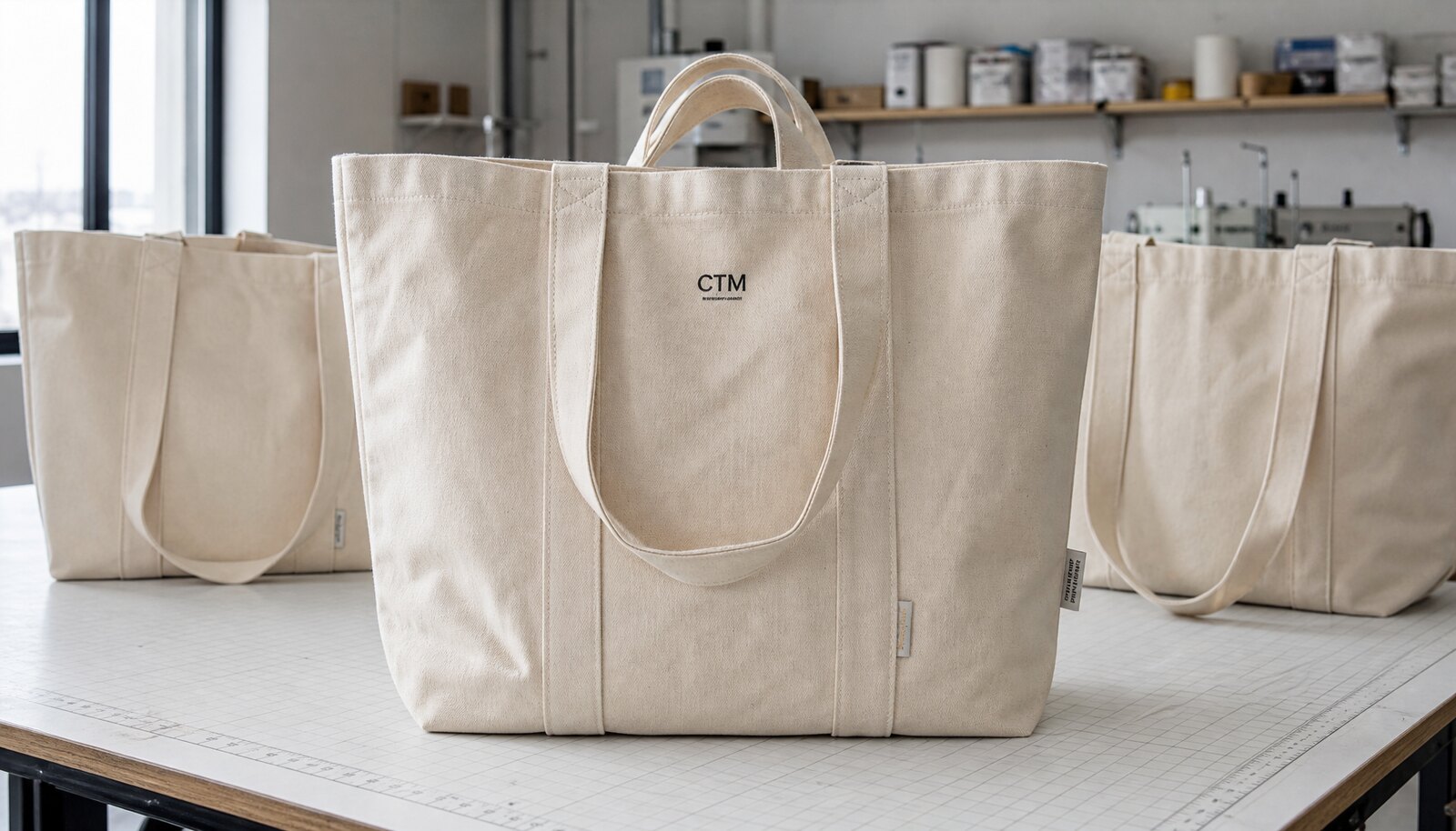 Large natural canvas grocery bags with a simple CTM sample logo shown in a factory sample room