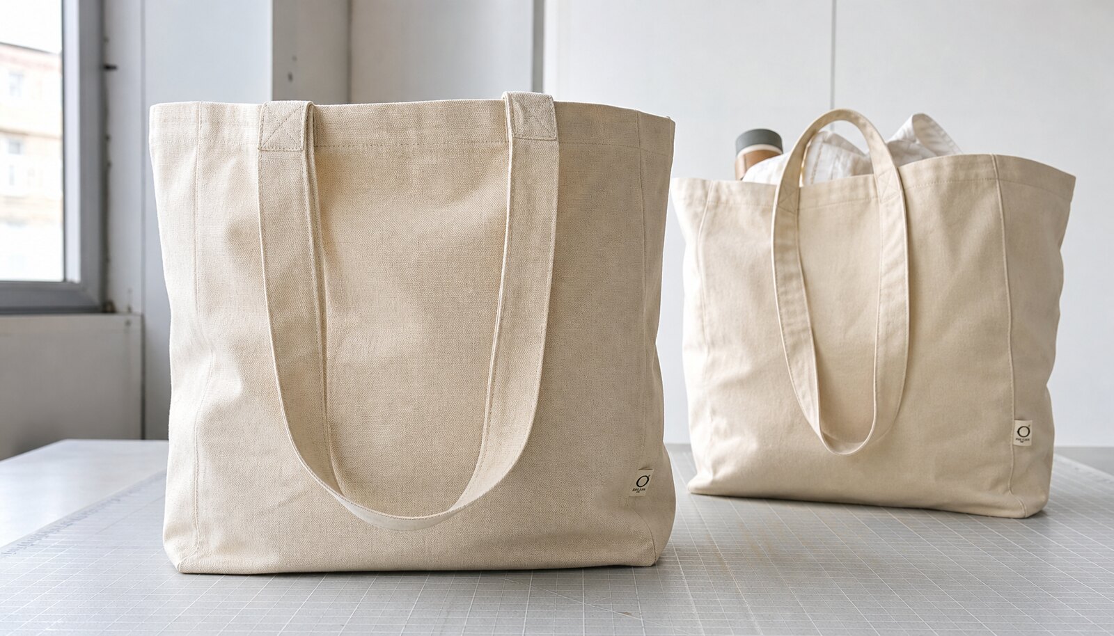 Large natural canvas grocery bag with a sewn CTM sample logo in a clean factory sample room