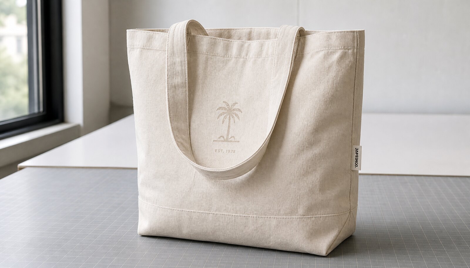 Large natural canvas grocery bag with a small CTM CottonToMaker sewn side label, photographed in a clean factory sample room