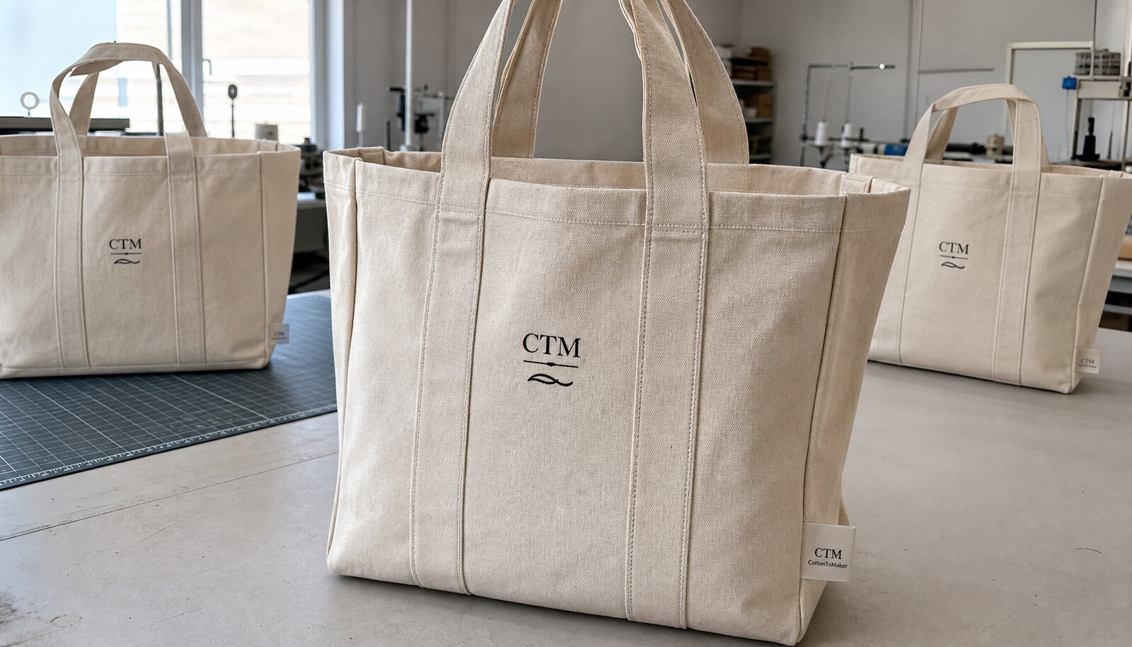 Large canvas grocery bags with a simple CTM sample logo in a factory sample room
