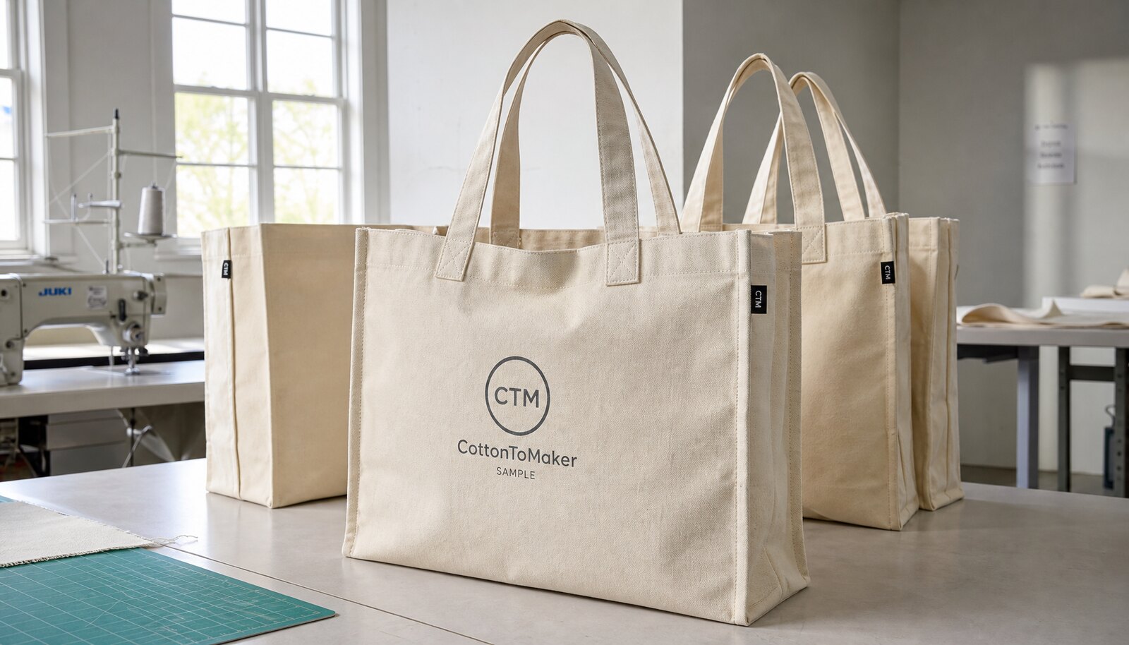 Large natural canvas grocery bags with a simple CTM sample logo in a factory sample room