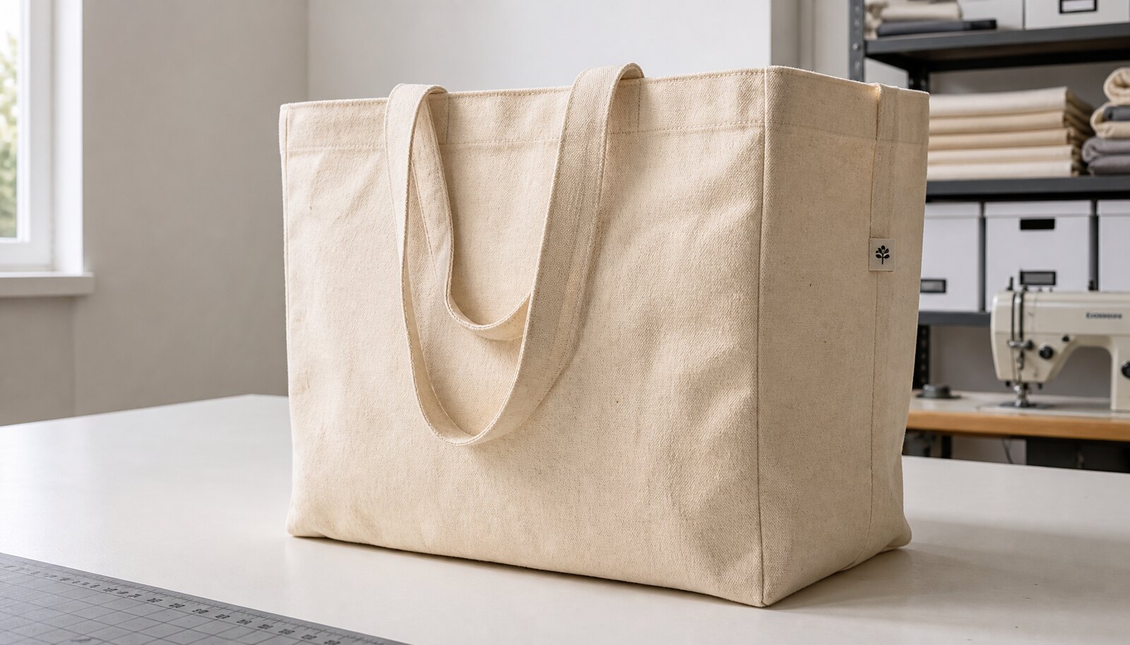 A large natural canvas grocery bag with a small stitched CottonToMaker sample label displayed in a clean factory sample room.