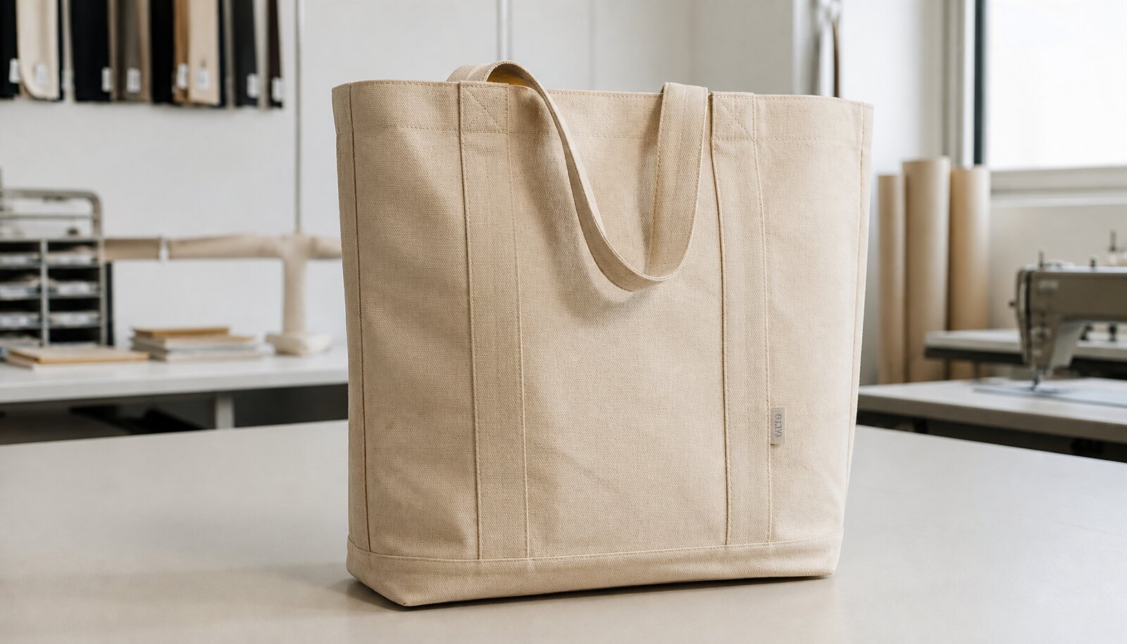 Heavy natural canvas grocery tote with a small CTM woven side label in a factory sample room