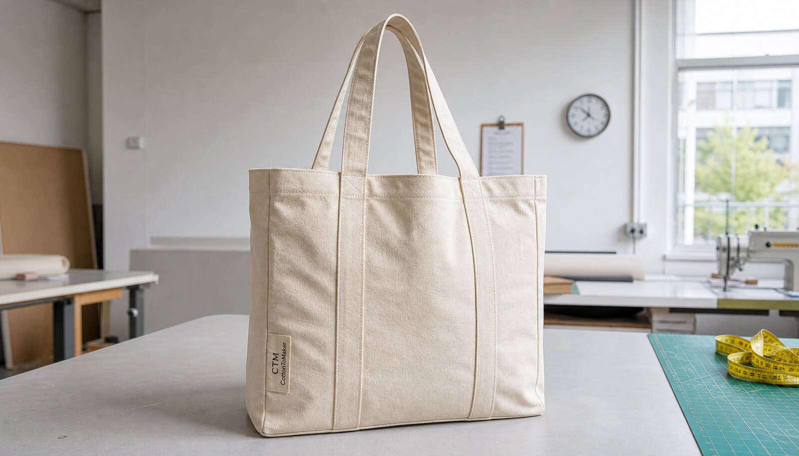 Large natural canvas grocery bag with a CTM CottonToMaker side label in a factory sample room