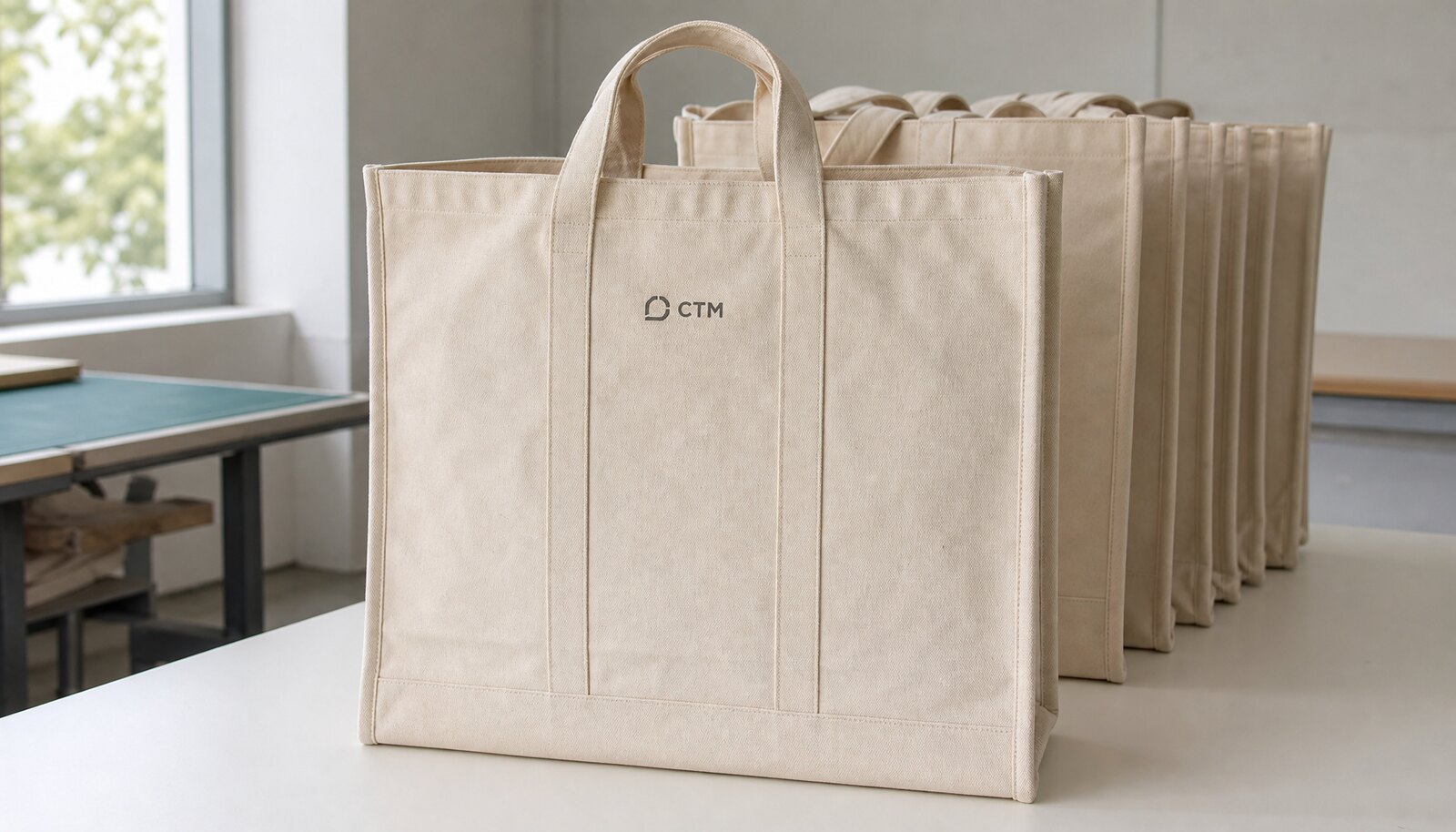 Large natural canvas grocery bag in a factory sample room with a small CTM logo printed on the front