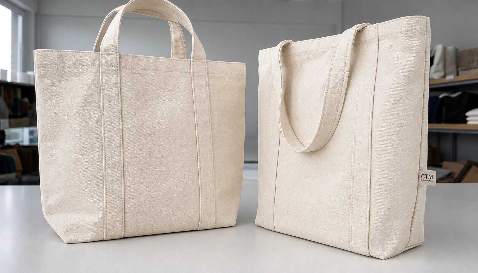 Large natural canvas grocery bags with a sewn CTM CottonToMaker side label in a clean factory sample room.