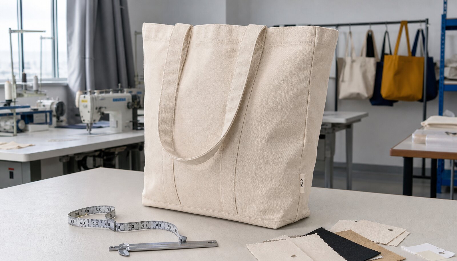 Large natural canvas grocery bag with a small CTM CottonToMaker woven side label in a factory sample room