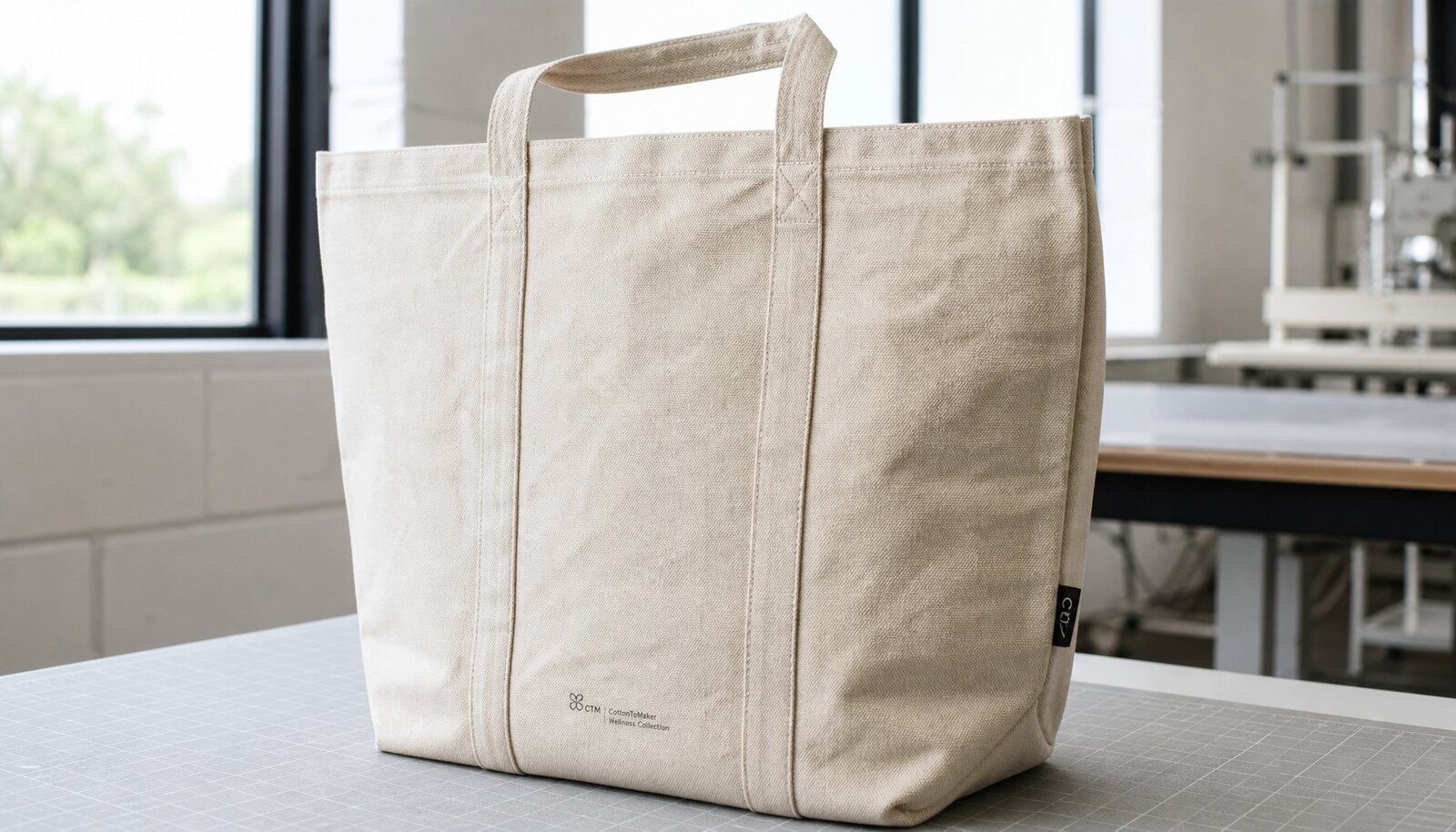 Large natural canvas grocery tote with a simple CTM logo printed on the front and a woven side label in a factory sample room.