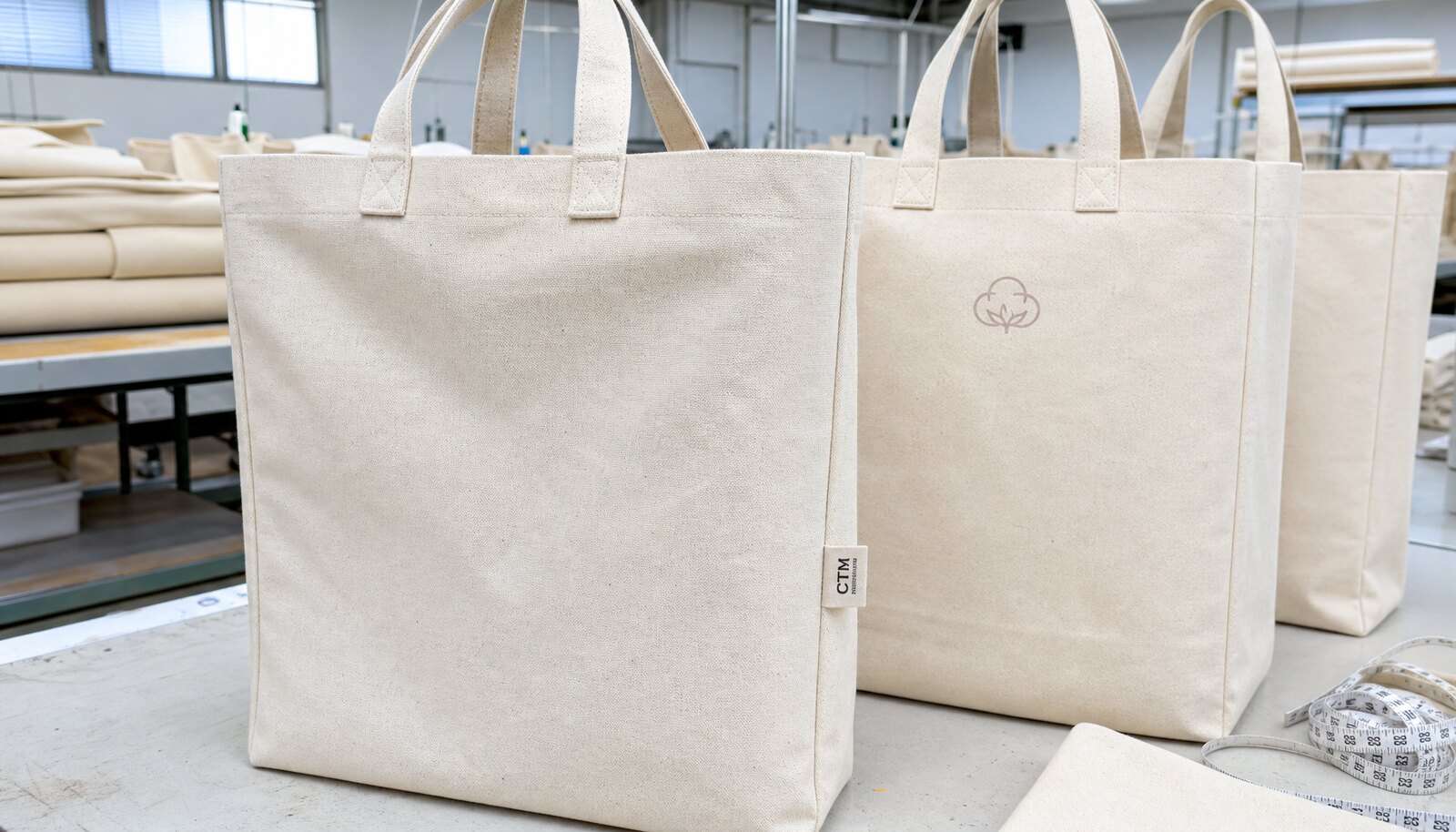 Large canvas grocery bags with a small CottonToMaker sample logo sewn and printed in a factory sample room