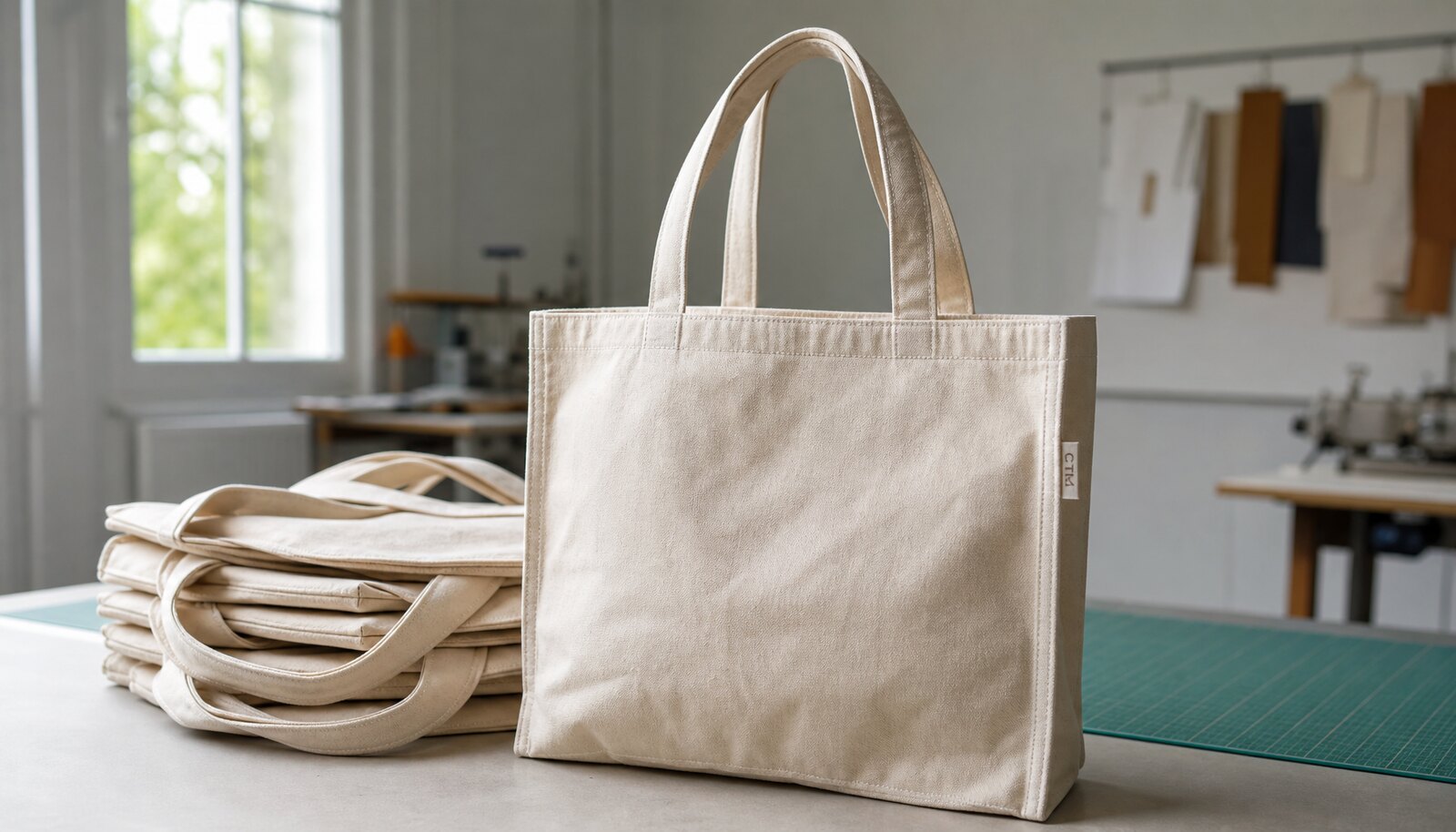 Large natural canvas grocery bags with a small CTM woven side label in a clean factory sample room